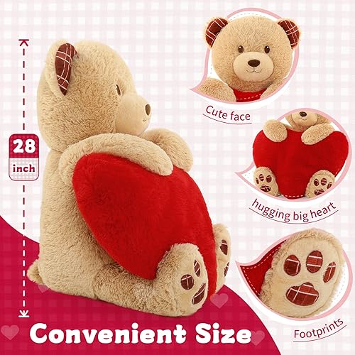 Miniatura 7 de BENINY Oso de peluche con corazón rojo, oso de peluche gigante de San Valentín de 28 pulgadas con huellas, oso de peluche grande, regalo para el día