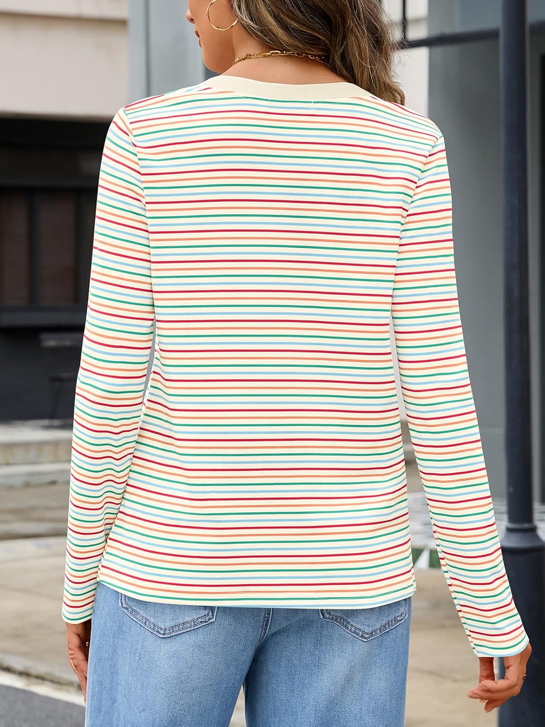 MEROKEETY Women's Fall Long Sleeve Striped Henley Tops V Neck Dressy Casual Loose Shirt 2025 Trendy Blouse - Image 3