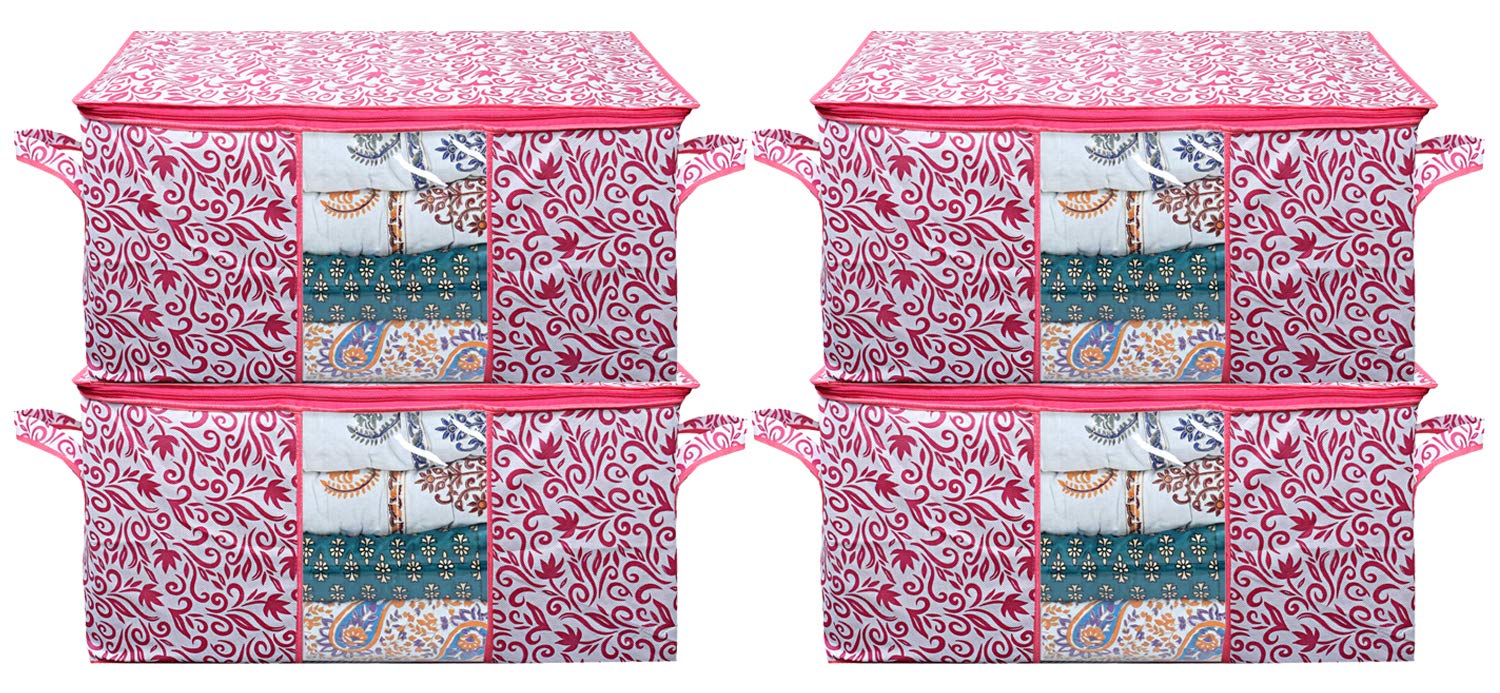 Kuber Industries Leaf Design Non Woven 4 Pieces Underbed Storage Bag, Storage Organiser, Blanket Cover (Pink)-CTKTC025729