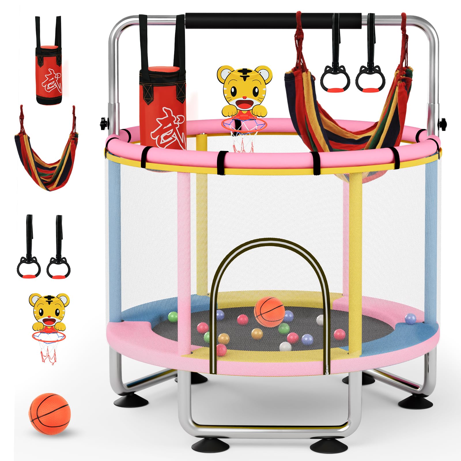 Kindertrampolin 150cm, Indoor und Outdoor-Spielzeug, bis 250 kg belastbar, Trampolin für Kinder mit Turnstange – Geburtstagsgeschenk für Jungen und Mädchen von 1 bis 8 Jahren