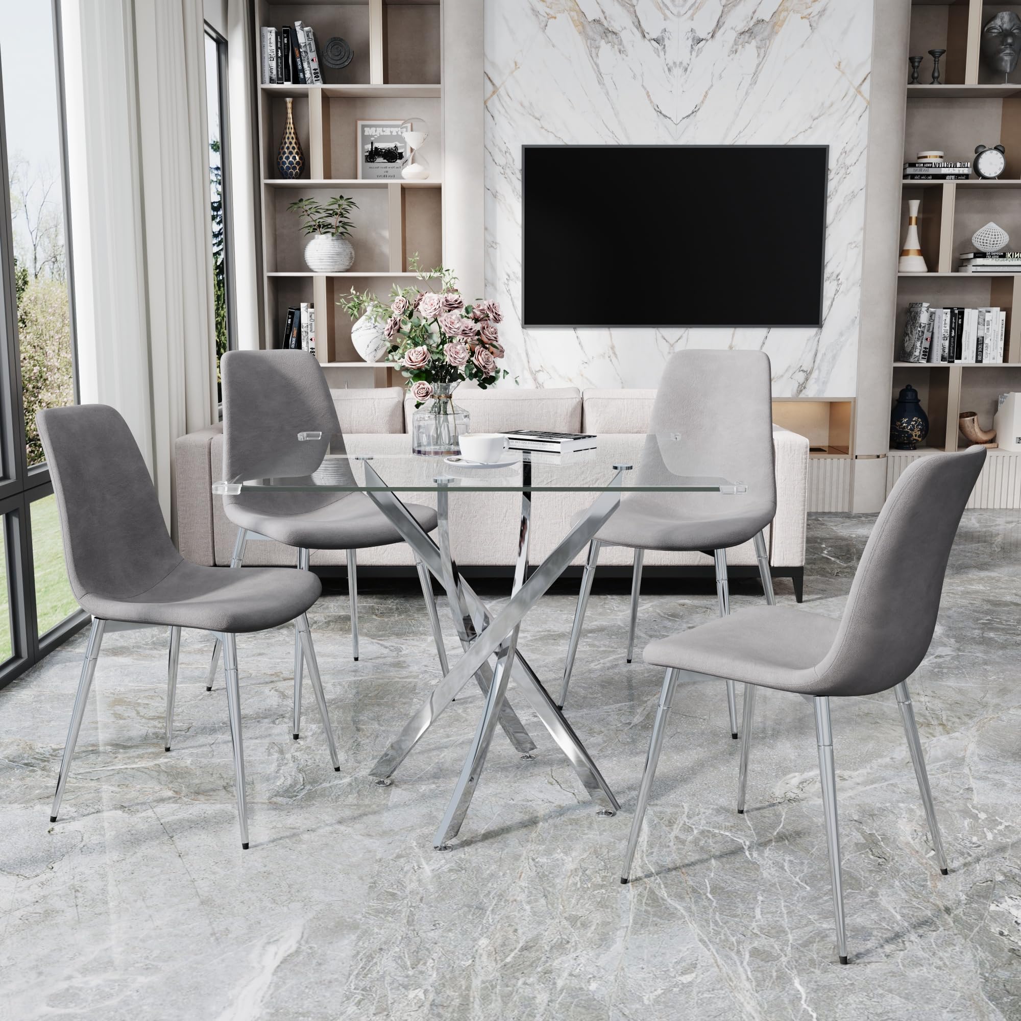 AF ARTISAN FURNITURE 36" Square Glass Dining Table Set for 4, 5-Piece Modern Kitchen Table with 4 Grey Velvet Chairs, Modern Circle Leisure Table for Home Office Dining Room Small Spaces (Silver Leg)