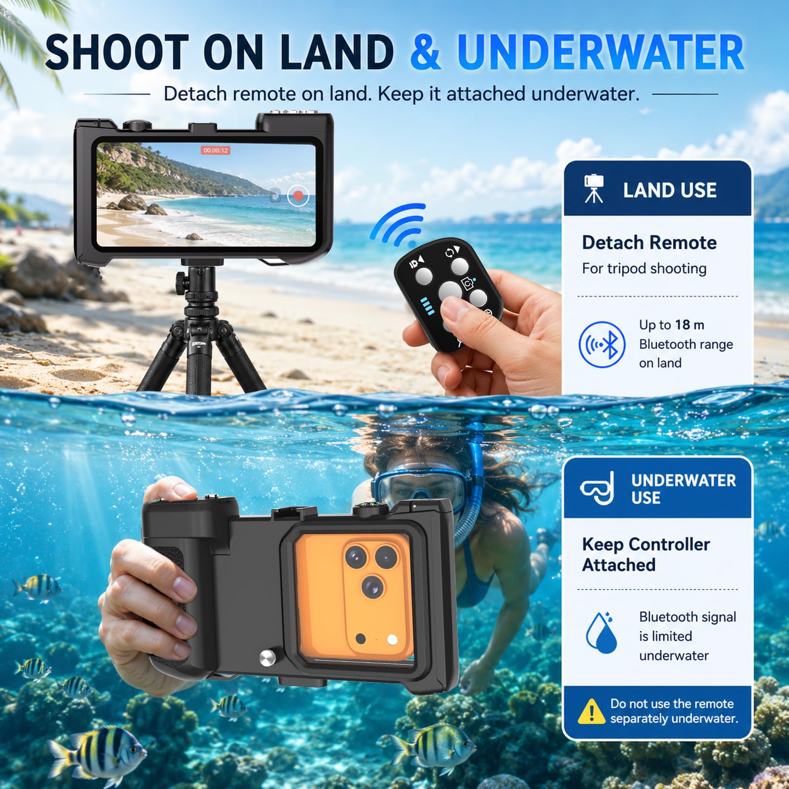 Funda impermeable para esnórquel, carcasa subacuática de 15 m con disparador remoto Bluetooth, funda de buceo para iPhone 17, 16, 15, 14, Samsung Galaxy S26 S25, se adapta hasta 7.3 pulgadas (negro)