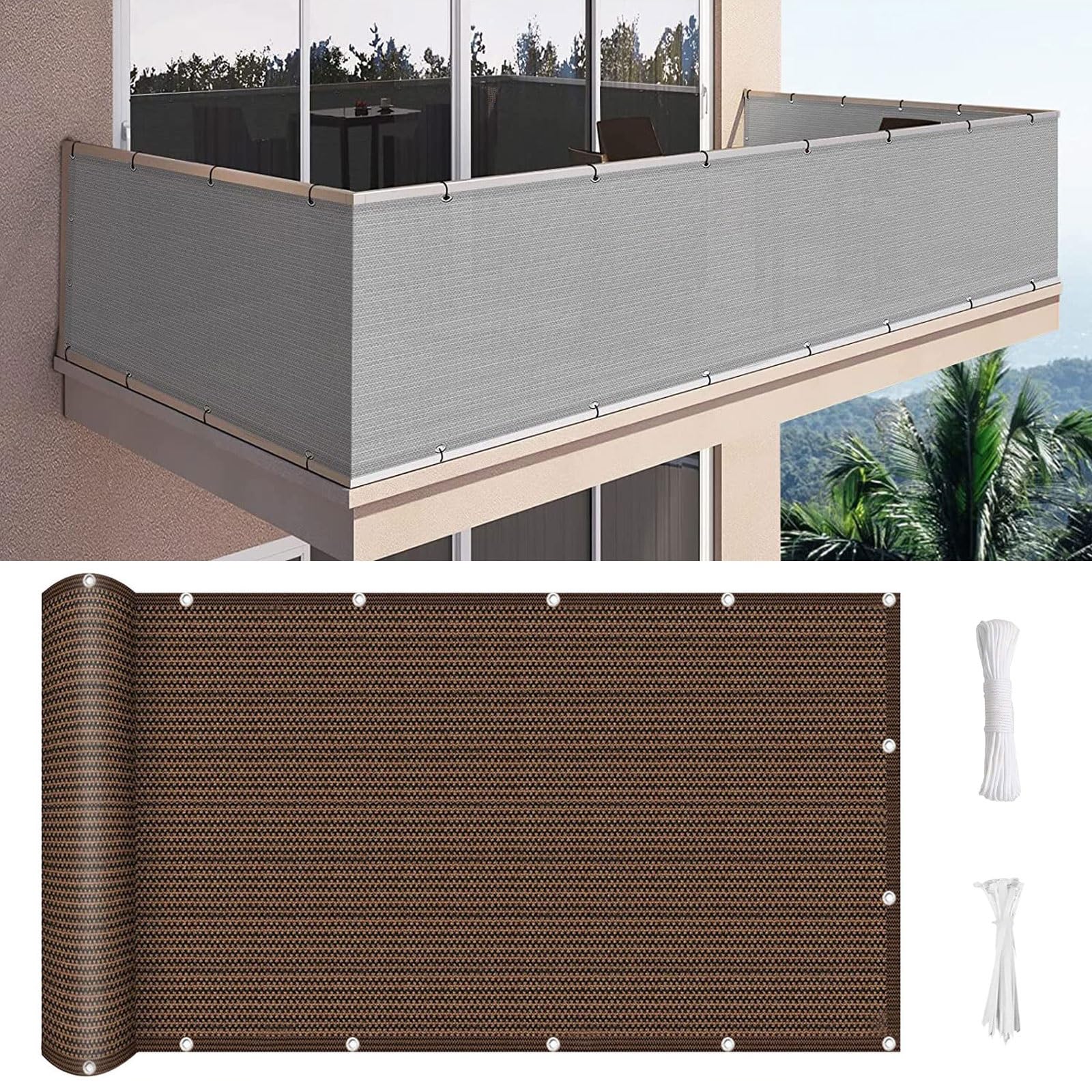 Balkon Ekran Prywatności Wiatr 145 x 350 cm Odporny na warunki atmosferyczne Parawan Balkonowy Parawan Wiatrowy z opaskami kablowymi do Balkonu Zadaszenie Balkonu Patio, brązowy