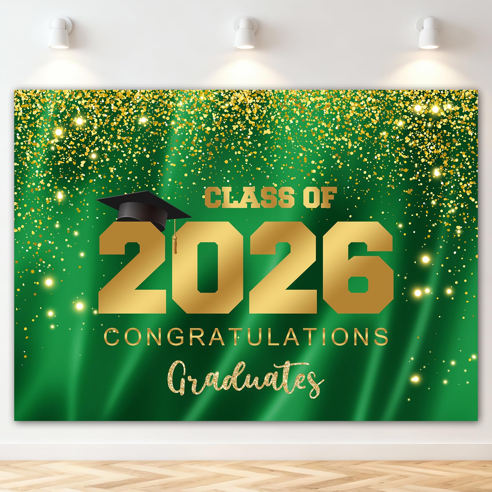 Mocsicka Graduation Backdrop Class of 2026 Green Gold Glitter Background 2026 Congratulations Graduates Party Decoration Banner Photo Booth Props (