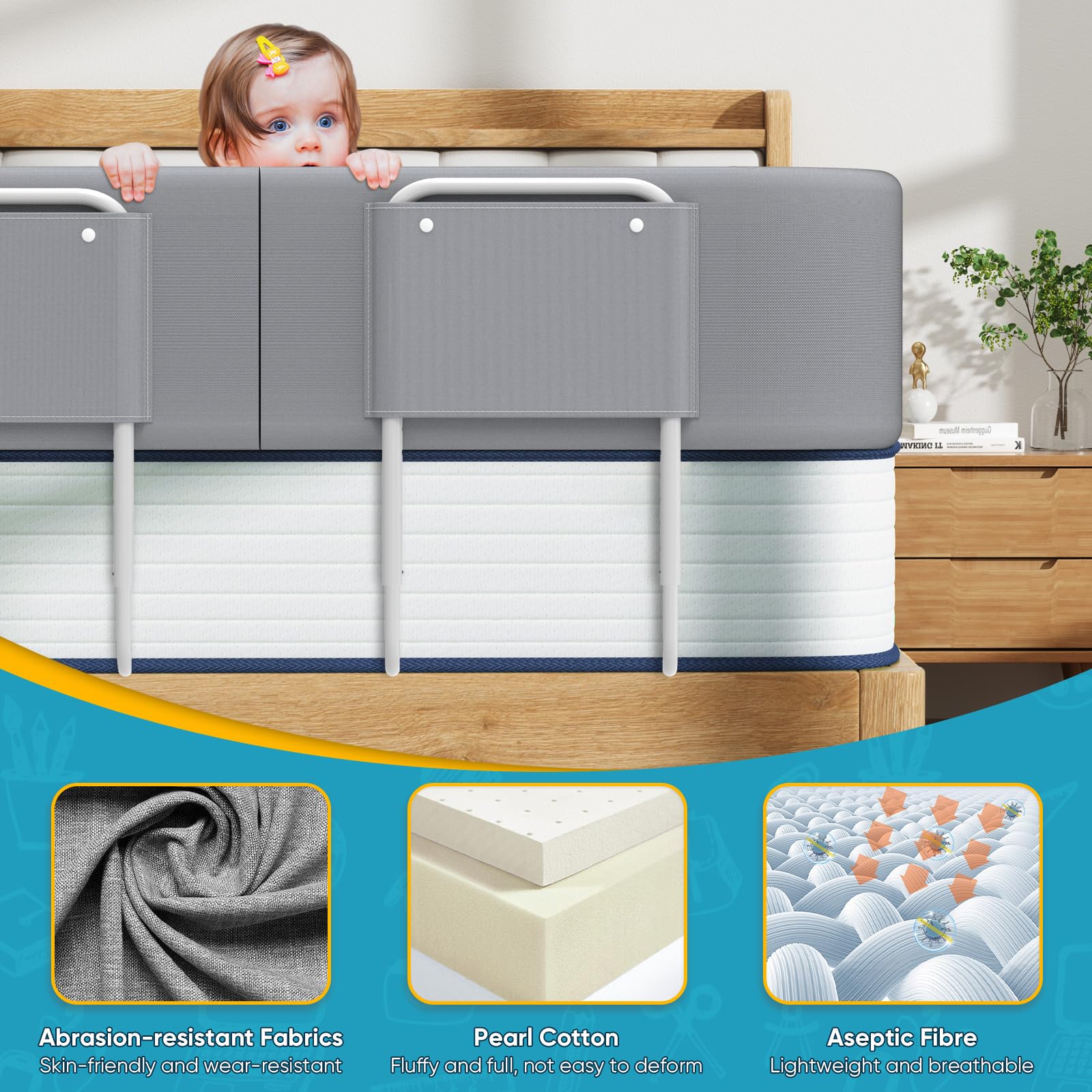 Sicherheitsgitter für Kinderbett 100cm, Verstellbare Baby-Bettbarriere mit 5 Höheneinstellungen, Flexibler Schutzrahmen zur Sturzprävention für Familien und Säuglinge, Grau