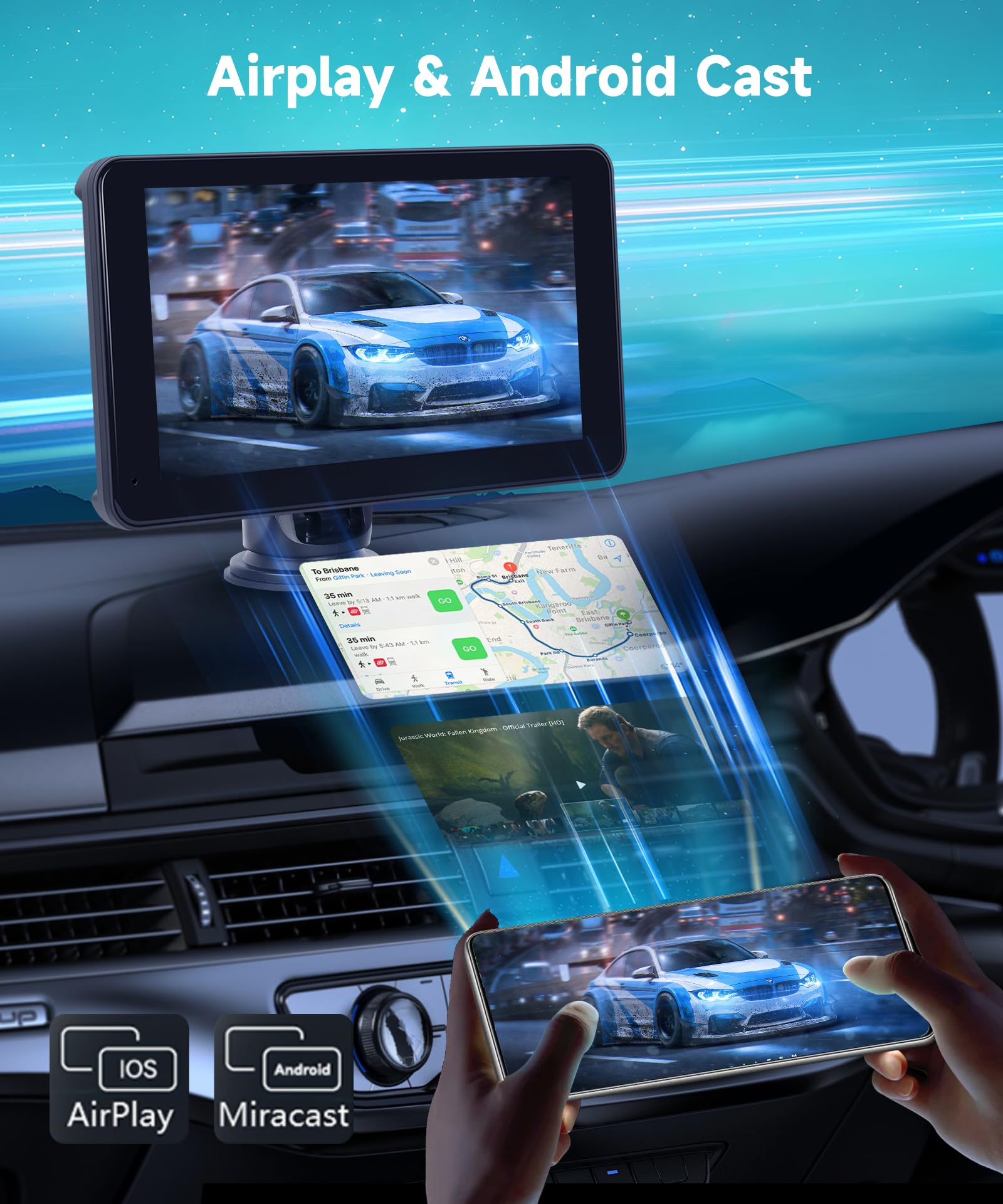 Rimoody Schermo Auto Portatile 10.26'' Wireless Carplay E Android Auto, Touchscreen HD, Mirror Link, Bluetooth, FM, 7-32V