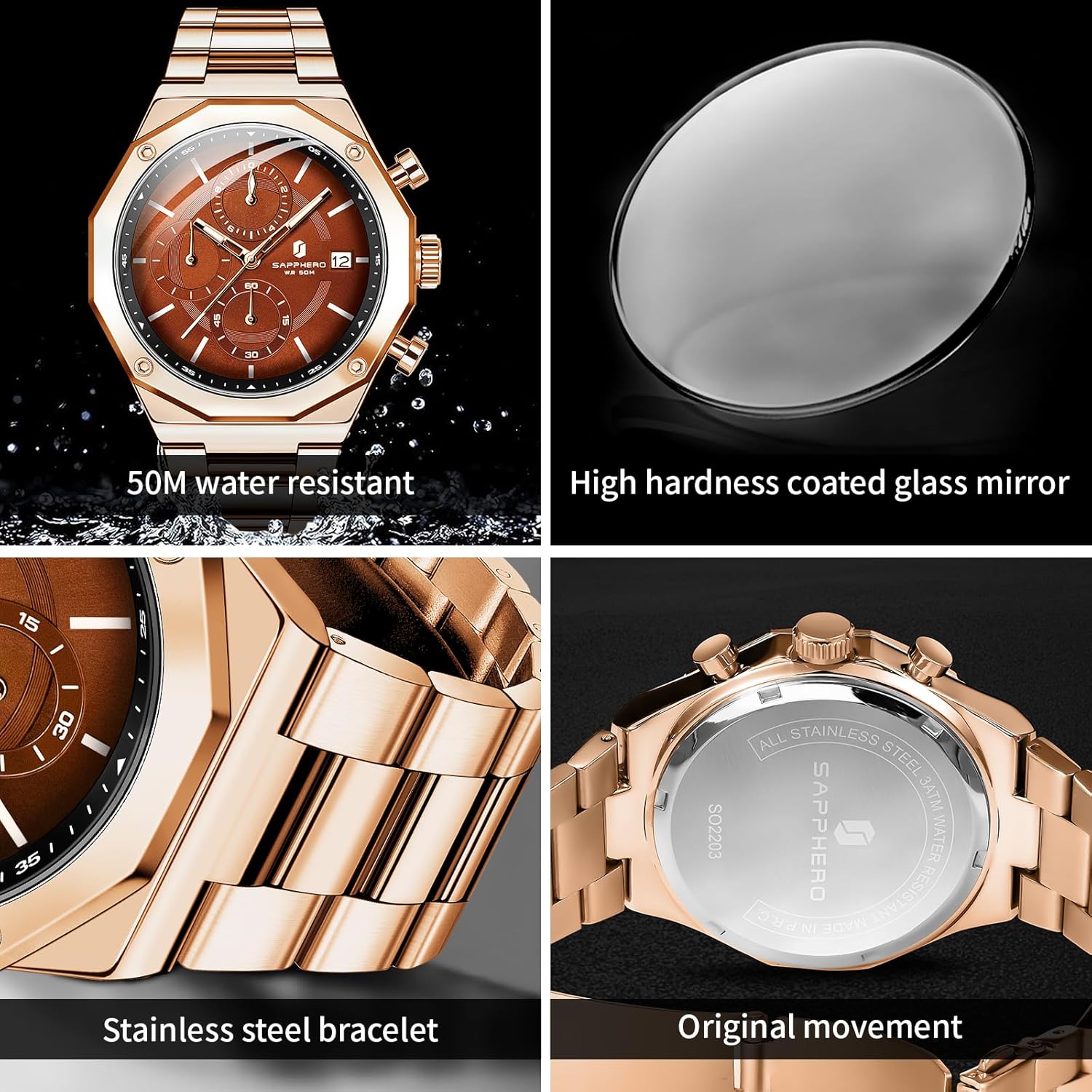 SAPPHERO Men's Wrist Watches Octagonal Stainless Steel Quartz Watch for Men, 50M Waterproof Analog Movement with Date Elegant Mens Gift