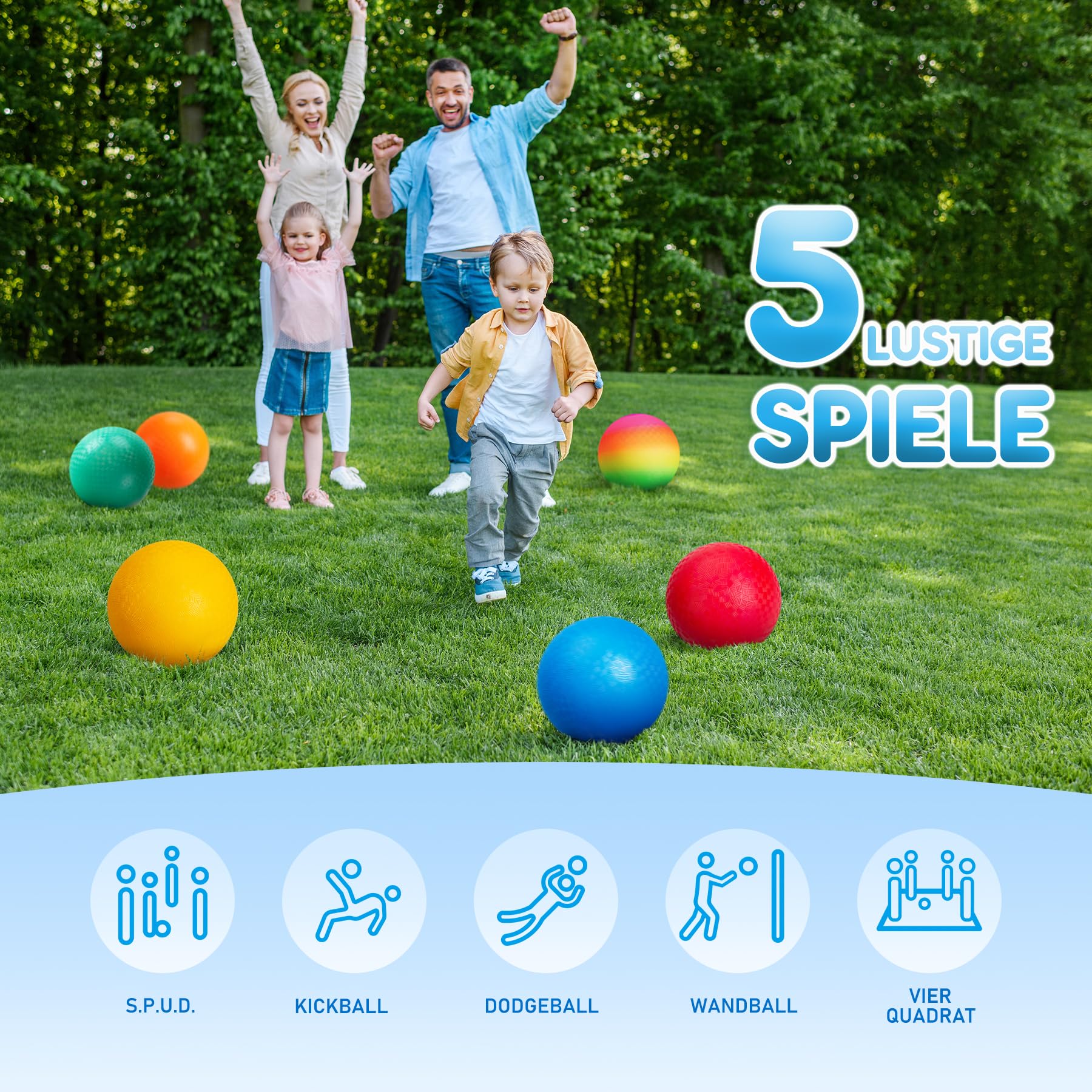 U&C Planet 12er Set Spielplatzbälle 21.5cm, Softbälle&Völkerball für Kinder | Regenbogen-Gummibälle für Dodgeball & Kickball – Rutschfeste Noppenbälle für Schulsport Garten Strand Pool, inkl. Luftpumpe