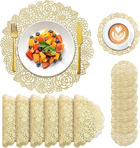 Juego de 12 manteles individuales redondos de vinilo prensado dorado, manteles individuales metálicos, diseño floral de rosas, antideslizantes, para