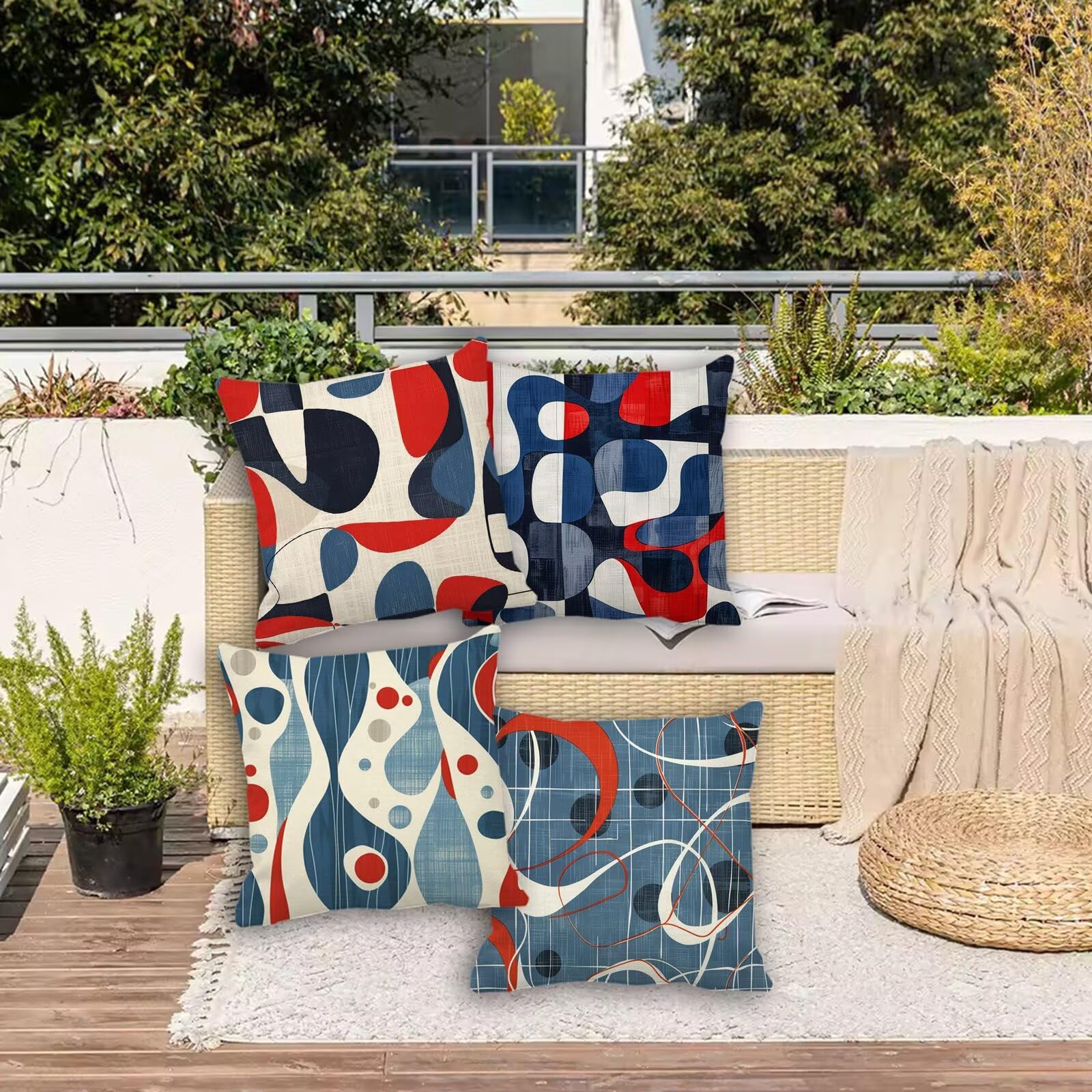 Juego de 4 cojines impermeables para exteriores, 24 x 24 pulgadas, fundas de almohada geométricas de doble cara para patio, jardín, sala de estar, decoración de verano, sofá y cama