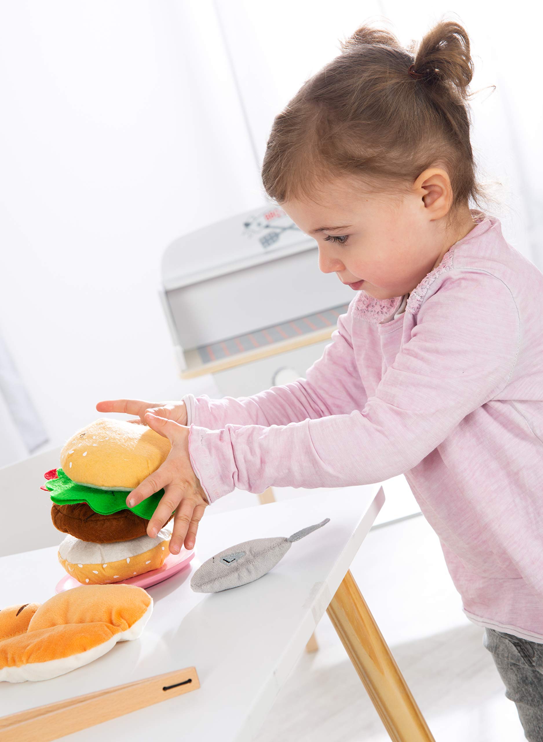 roba Jouet Barbecue en Bois pour Enfant - Cuisine Extérieure + 14 Pièces d'Accessoires et Ingrédients Burger en Peluche