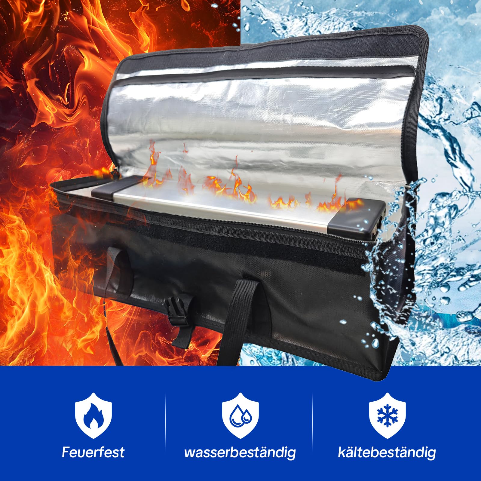 Ebike Akkutasche 2 Stück Feuerfeste Akkutasche bis 2300 °C, für Lagerung Transport Laden, wasserdicht, Reißverschluss Klett, für E-Bike Akku