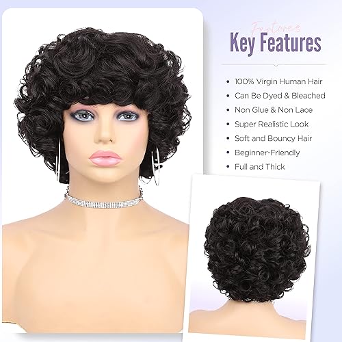 Miniatura 3 de Peluca rápida de cabello humano, peluca corta y rizada para mujeres negras, sin encaje, peluca rizada grande con flequillo, corte pixie, pelucas