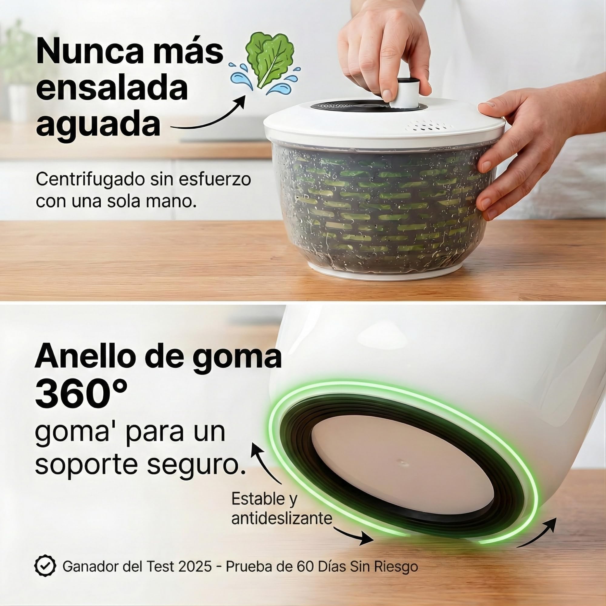 Centrifugadora de ensalada Premium 5 L – 60 días sin riesgo – 2 en 1 antideslizante: centrifugadora + bol – Ø 24,5 cm – libre de BPA – lavavajillas – para secar ensalada/lechuga – eBook incluido