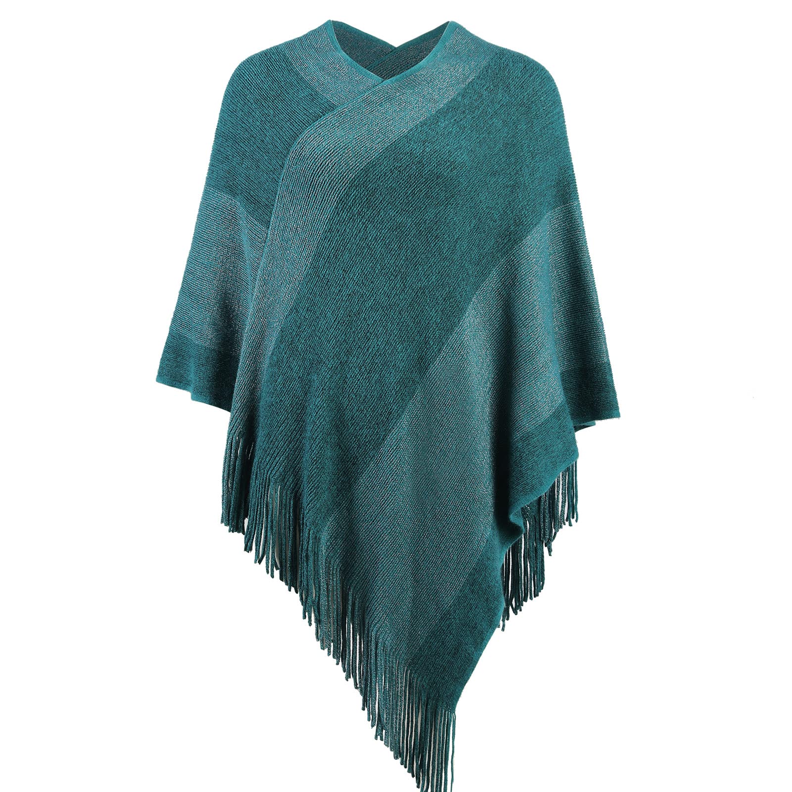 Women's Elegant Knitted Shawl Poncho with Fringed V-Neck Striped Sweater Pullover Cape Gifts for Women Mom
