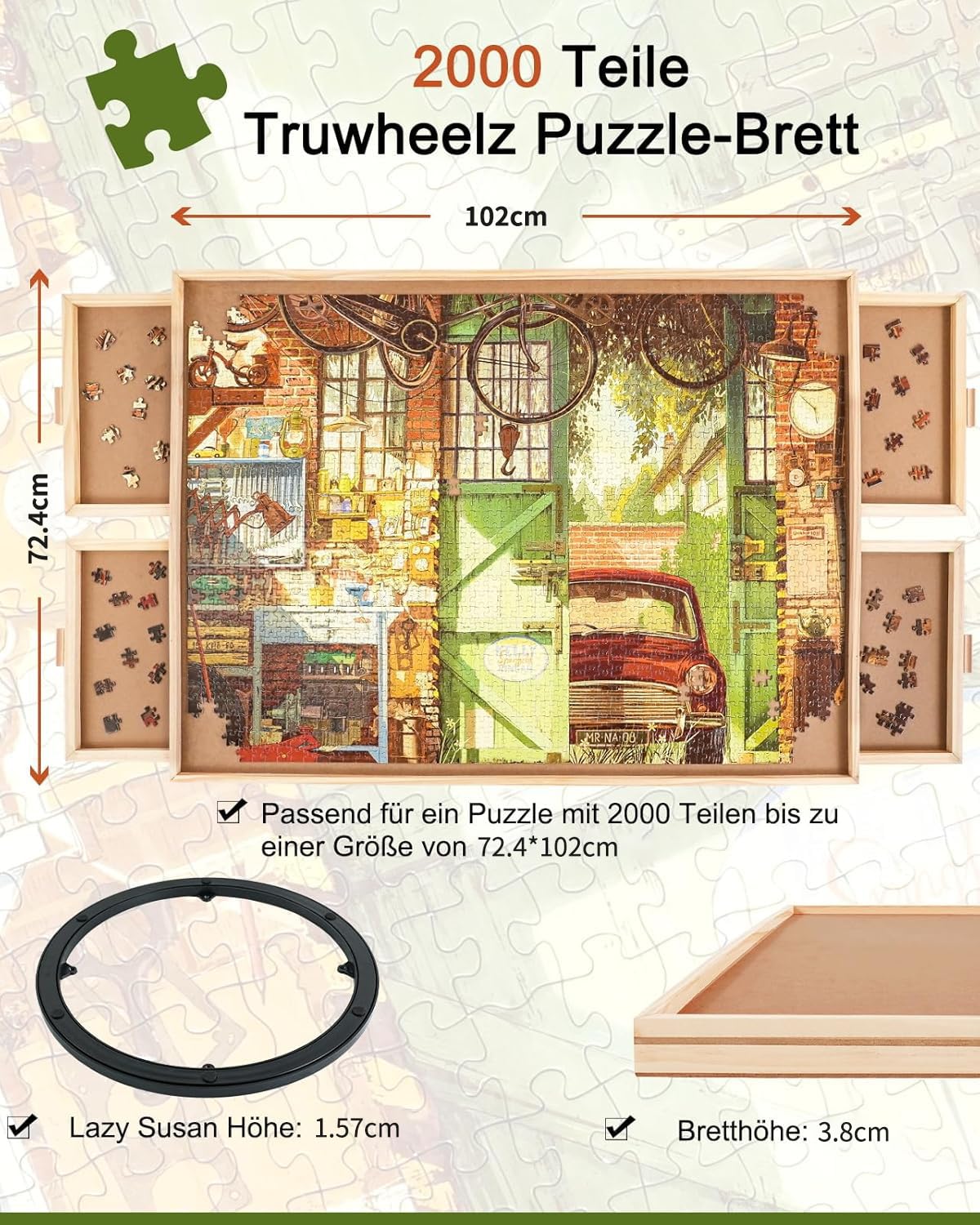 2000-Teile-Drehbares Puzzlebrett mit Schubladen und Abdeckung, 102 x 72,4 cm Tragbarer Holz-Puzzletisch für Erwachsene, Lazy Susan Drehbrett, Geburtstagsgeschenk für Mama