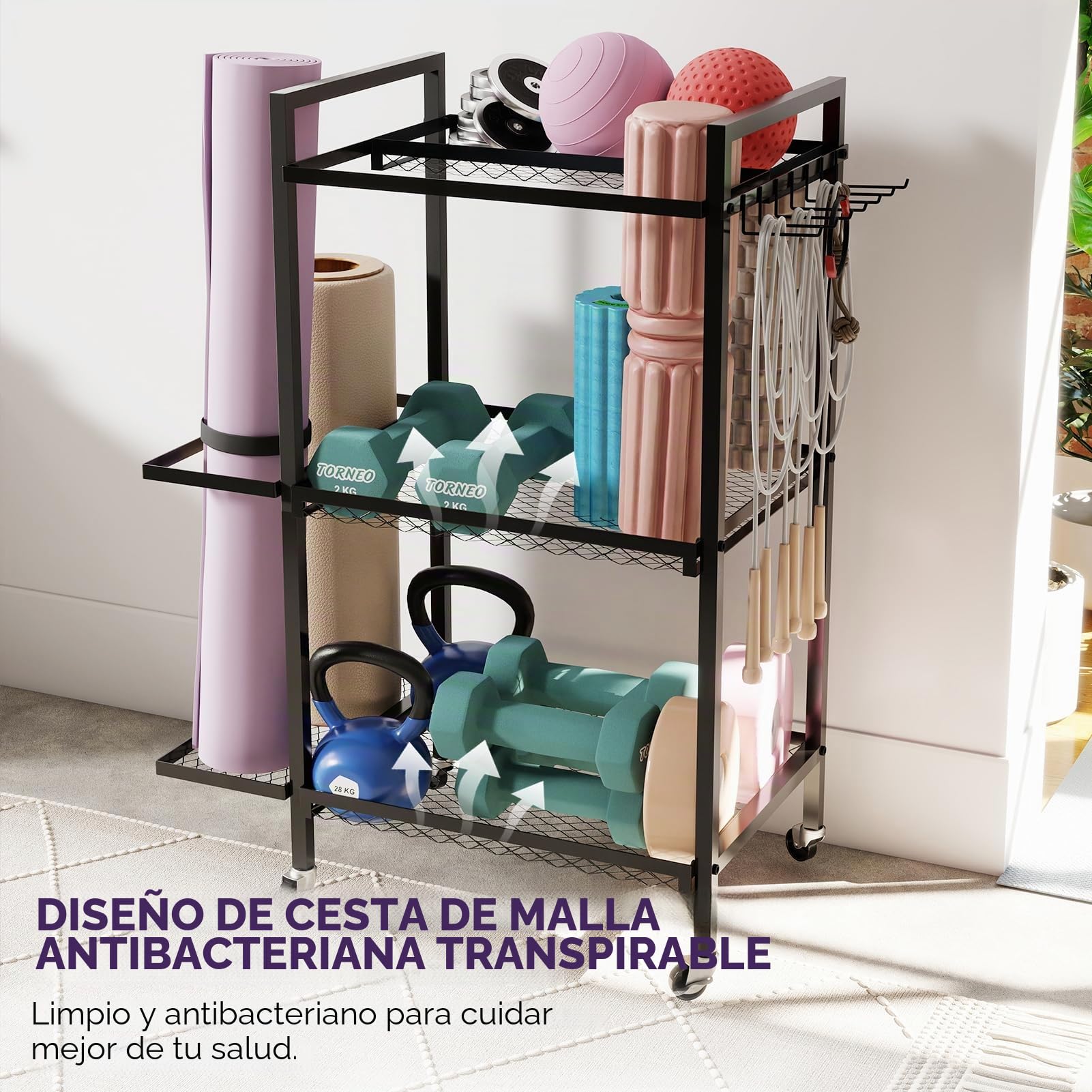 Esterilla de yoga para almacenamiento, esterilla de deporte, 3 niveles, estantería en estantes, metal con recubrimiento de polvo, 35,1 cm x 14,9 cm x 44,2 cm, portátil, ahorra espacio, 3