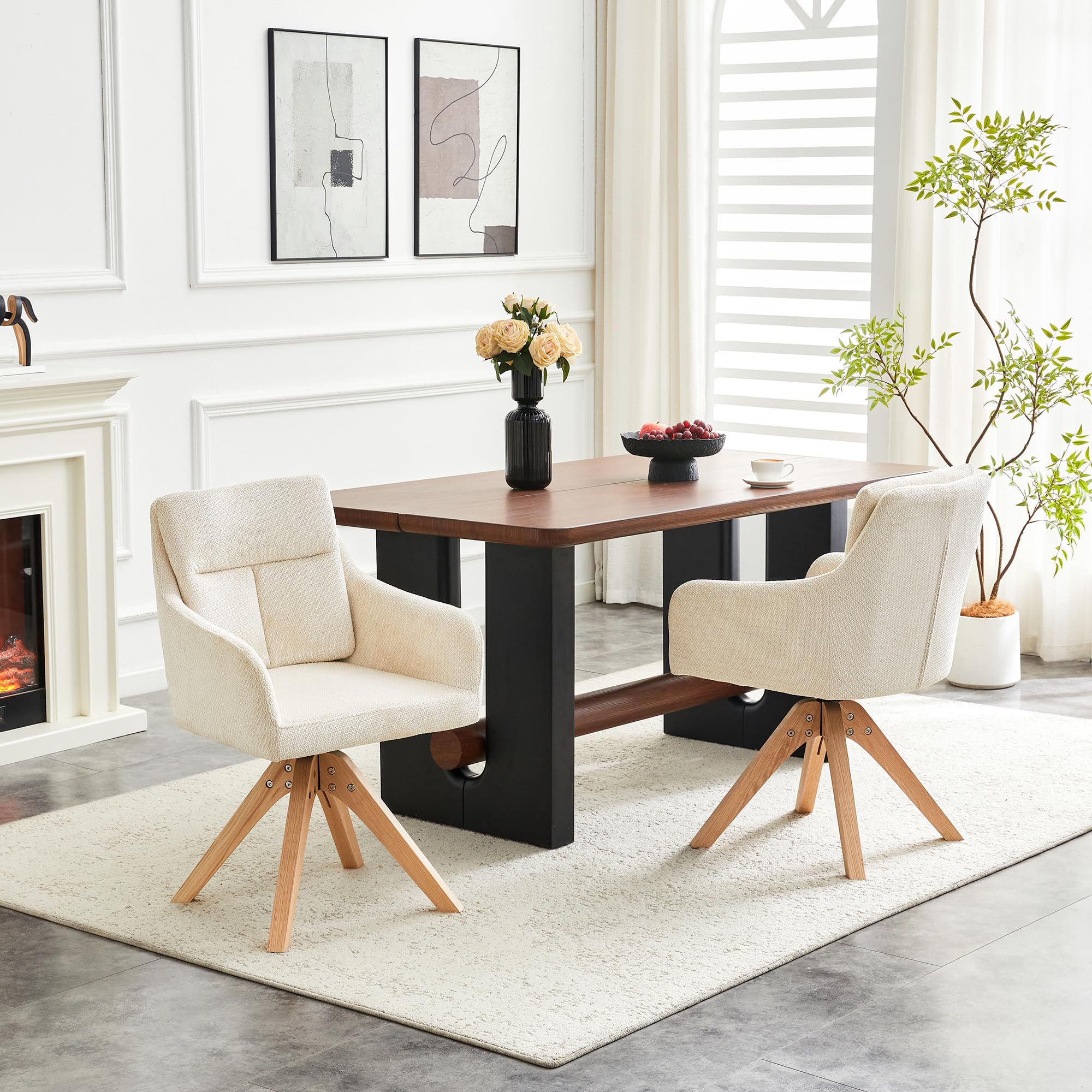 Bladez Juego de 2 sillas de comedor giratorias Bouclé con respaldo alto, silla giratoria de 360°, tela estructural con patas de madera maciza, sillas tapizadas para cocina, salón, color beige