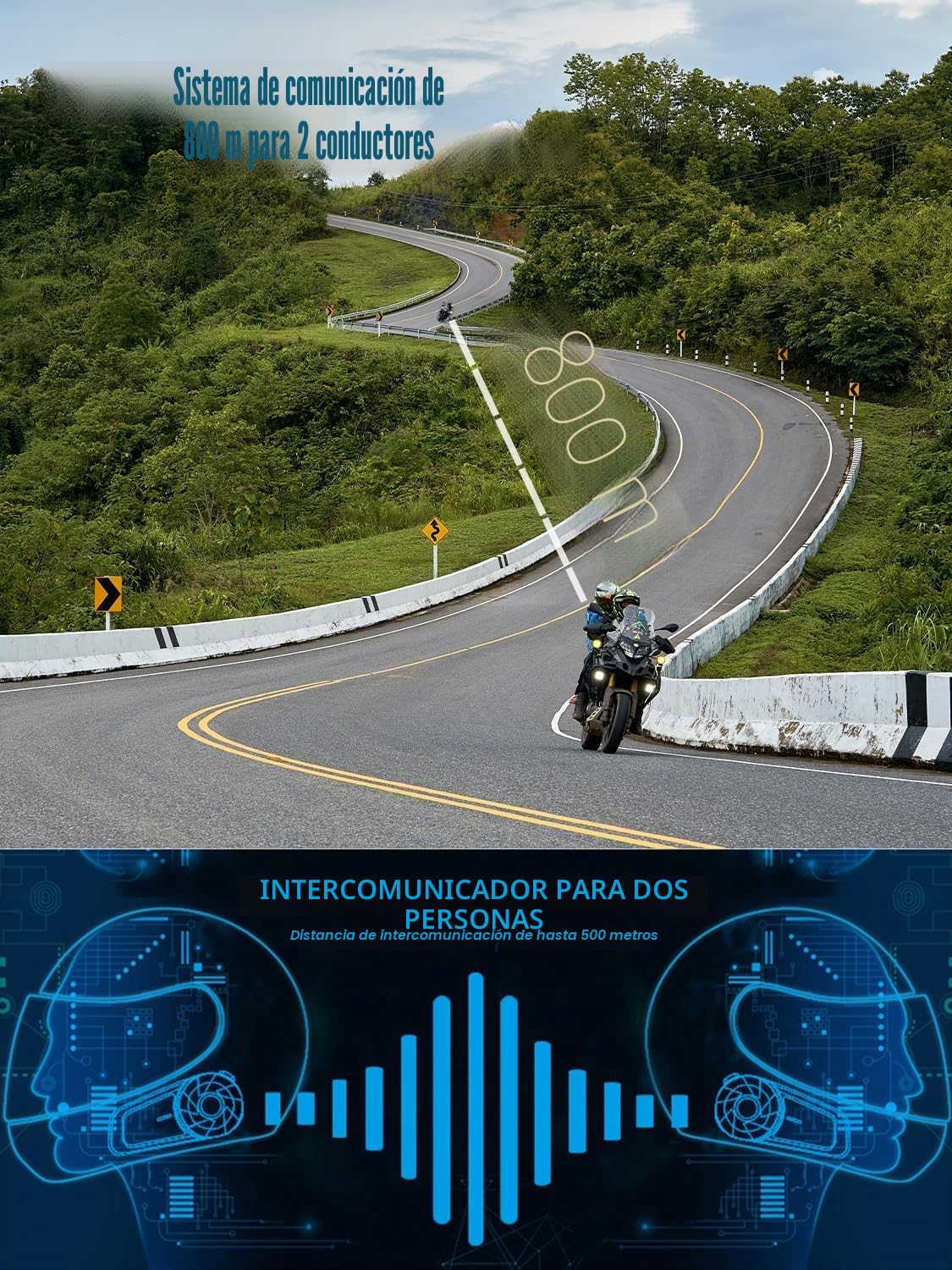 Auriculares Bluetooth para motocicleta, MX1 2-Riders 800 m, sistemas de comunicación de intercomunicación universales, sonido estéreo HiFi/IPX6 impermeable/control de música de llamadas, altavoz de