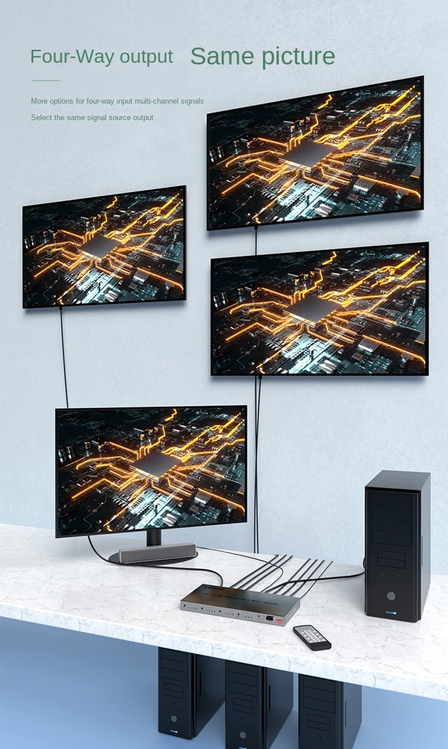 Matrix HDMI 4X4 con Audio, 4K@30Hz Switch 4 in 4 Out con Estrattore Audio, Selettore Splitter Supporto HDR HDCP2.2 EDID