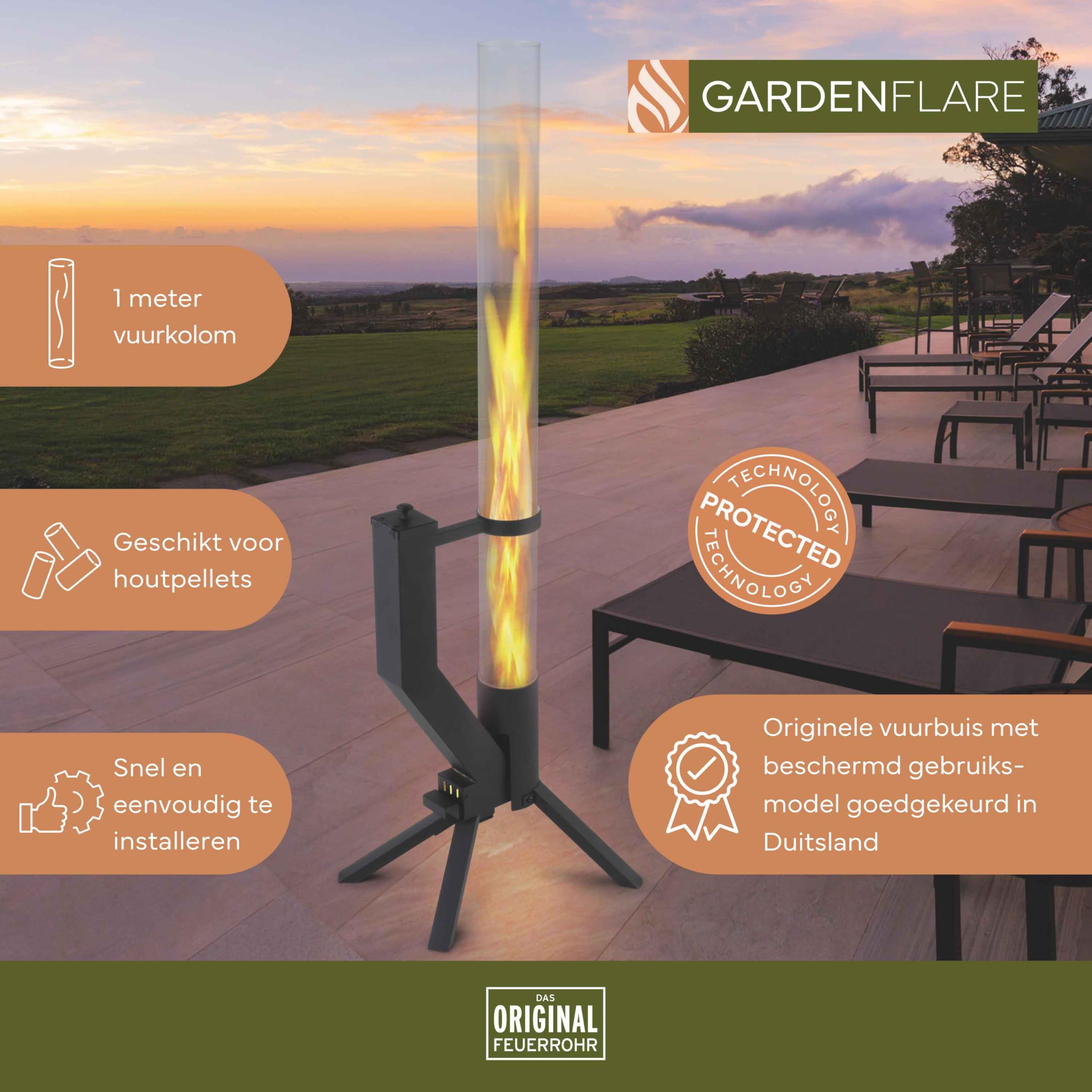 GARDENFLARE Glazen vuurbuis, reserveonderdeel, pelletfakkel, terrasstraler, verwarming (100 cm