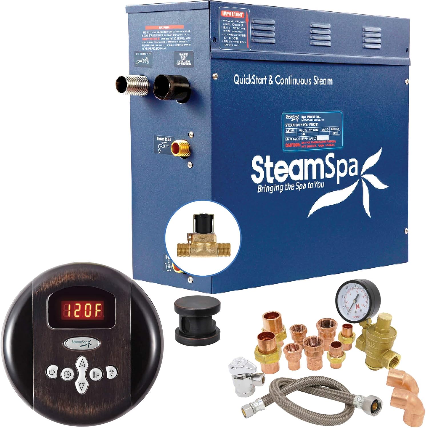 6kW Steam Sauna Generator Premium Bundle 240V Steam Generator with Analog Pad Control, Steamheads, Pressure Relief Valve, Built-in Auto Drain and Plumber Quick Install Kit PRR600OB-A