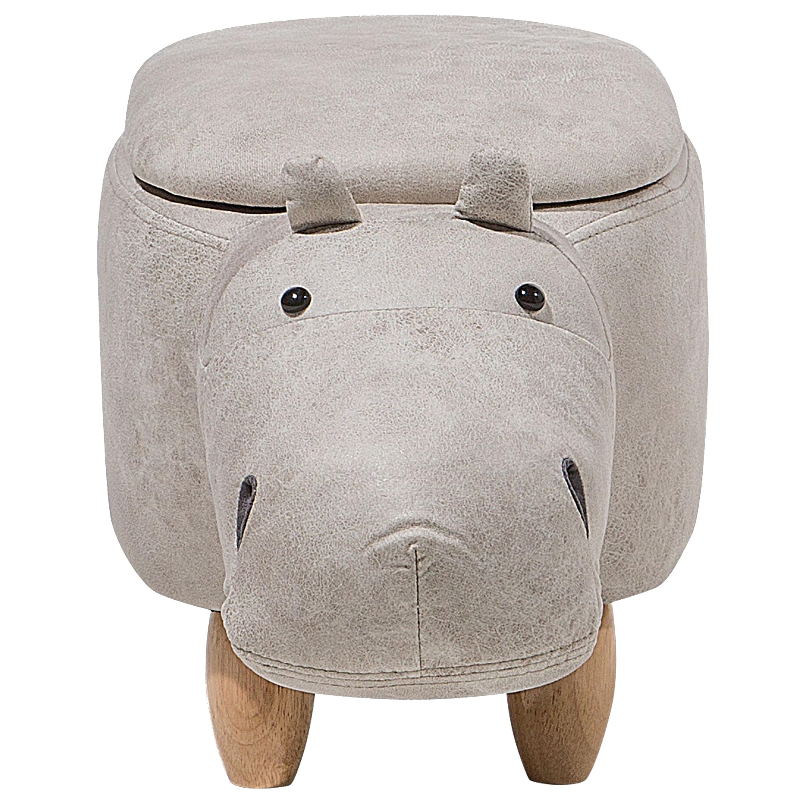 Fröhlicher Tierhocker Lederoptik mit Deckel für Kinder hellgrau Hippo