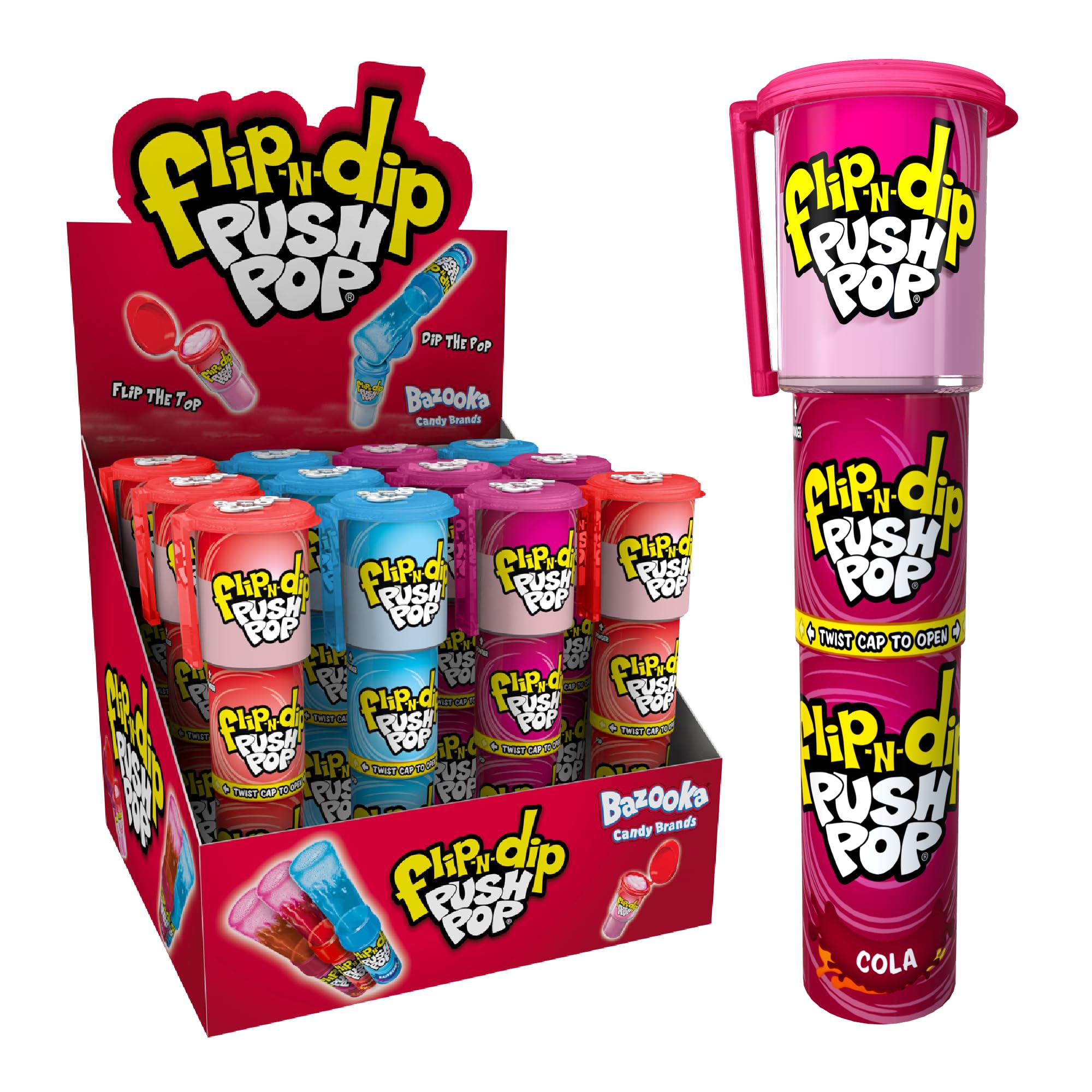 Push Pop Flip-n-Dip Sherbert Lollipops (Pack of 12 Lollipop Sweets Bulk) Twist Cap and Clip, Tasty Kids Sweets for Party Bags, Strawberry, Raspberry & Cola Lollies - Halal Candy