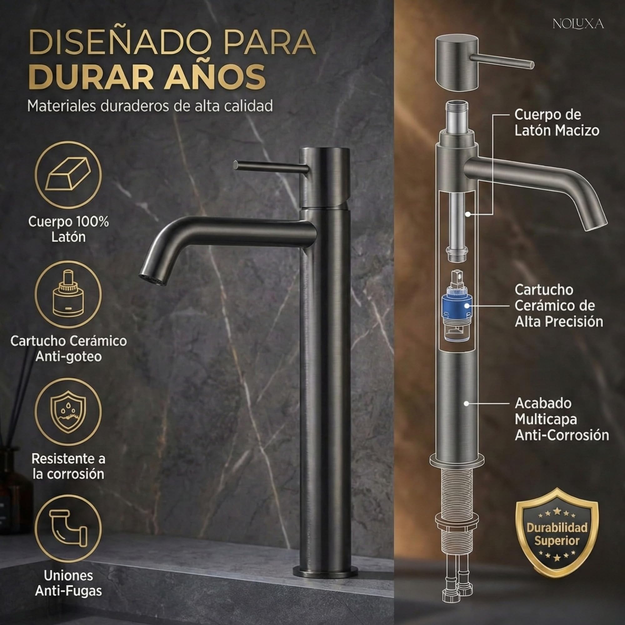 IMEX - Robinet Lavabo Noir Bec Haut | Robinet Salle de Bain Mitigeur Eau Froide et Chaude | Robinetterie Monocommande Effet Cascade avec Bec en Laiton et Économie D'Eau | Série Monza
