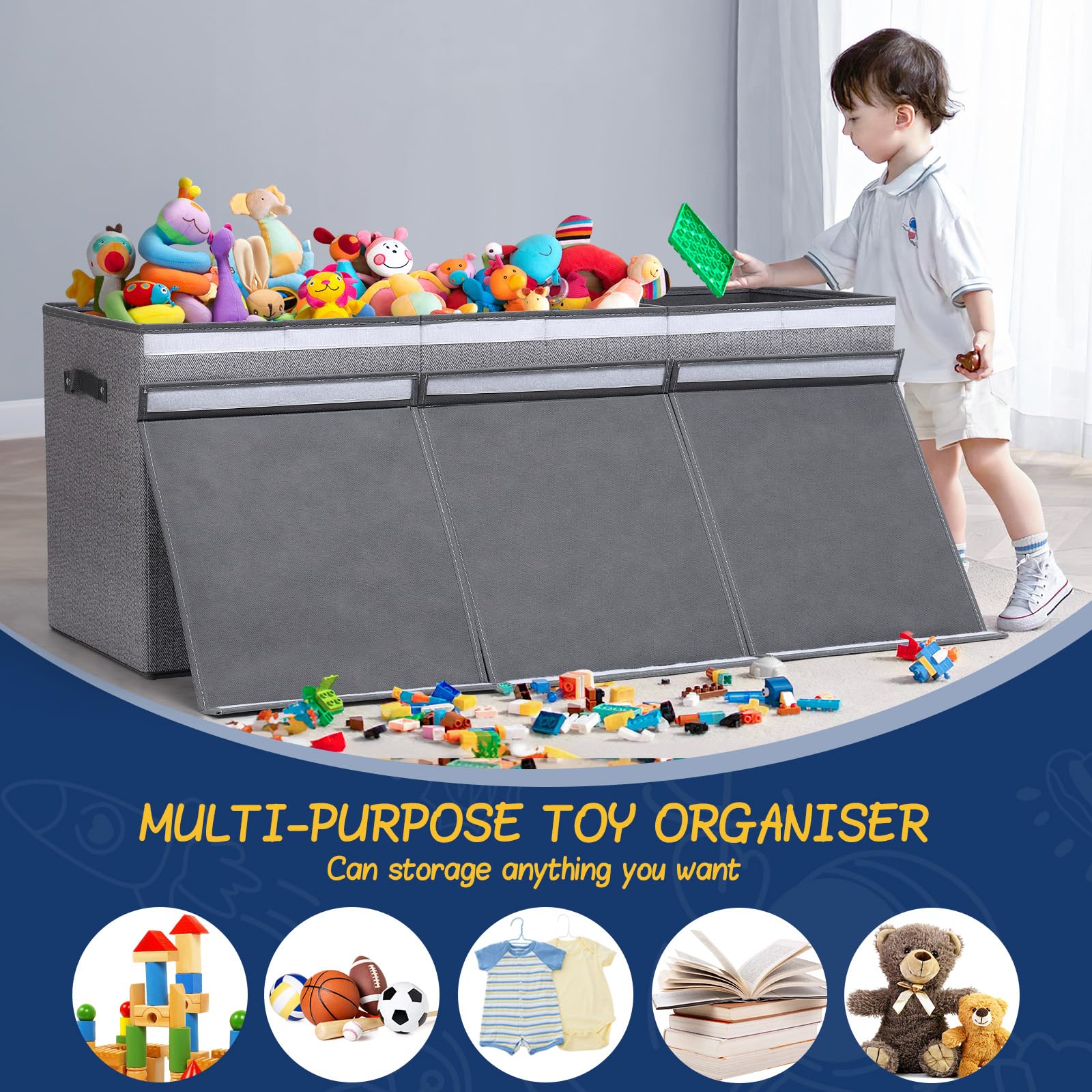 ELUCHANG Aufbewahrungsbox mit Deckel Kinder, 147L Große Faltbare Truhen & Kisten für Kinder, Spielzeugkiste Aufbewahrungsbox für Kinderzimmer,Schlafzimmer, Grau
