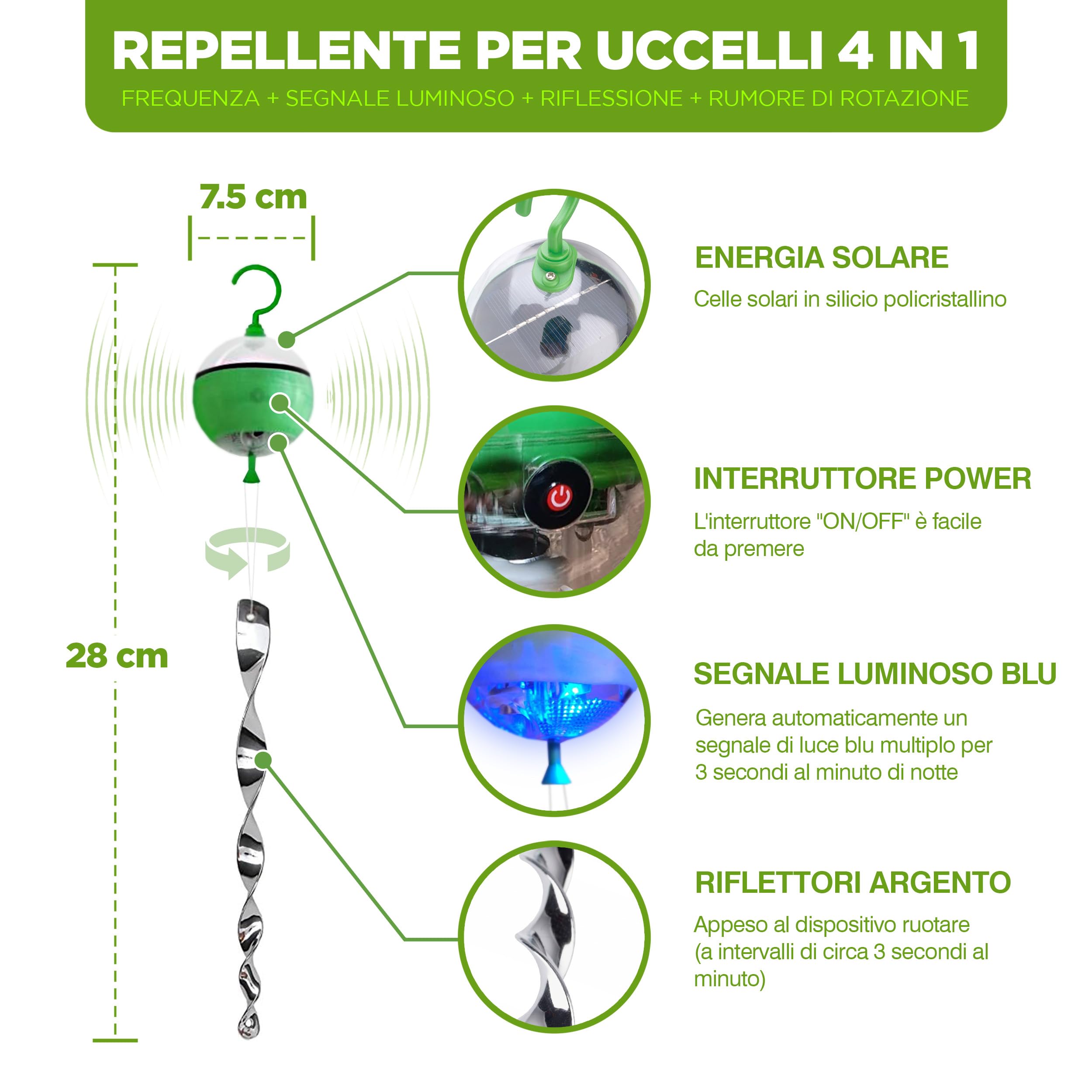 ISOTRONIC dissuasore solare uccelli 4in1 movimento ultrasuoni luce blu riflettori argentati piccioni balcone giardino 4 pezzi efficace esterno protezione difesa stop volatili ecologico decorativo