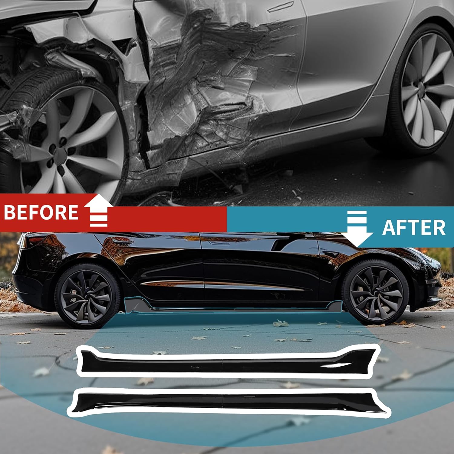 Kojem Side Skirt Extension Replacement 4Pcs Compatible with Tesla Model 3 2017-2023 Rocker Panels Guard Body Kit Black ABS Plastic Painted Side Trim