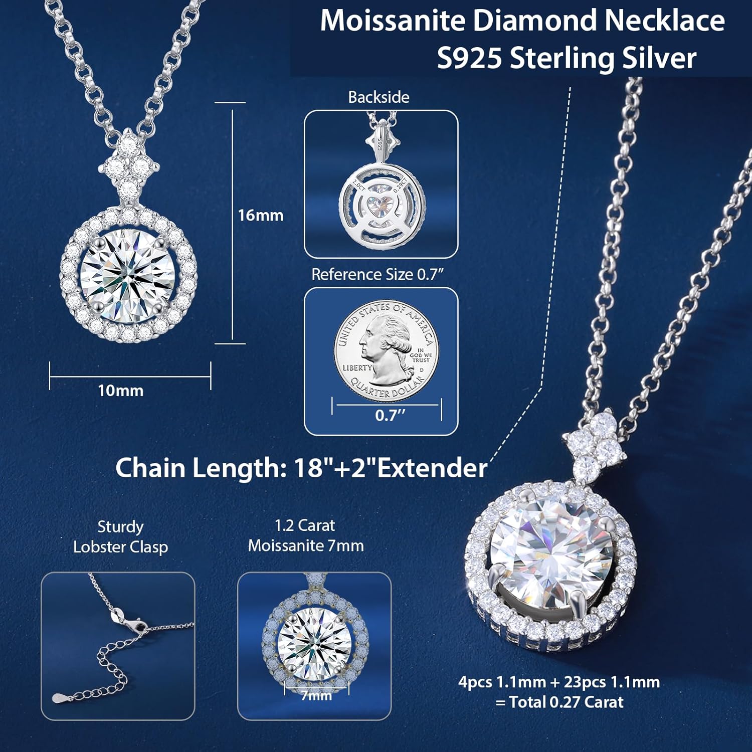 Moissanite Necklace for Women, 1-2CT S925 Sterling Silver Moissanite Pendant, 18K Gold Plated Halo White Gold Necklace- 18"+ 2" Extender Chain- Birthday Valentines Day Gifts for Her Women Wife Mom - Image 6