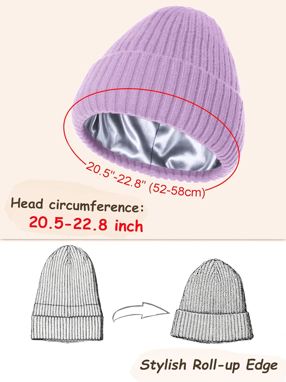 Satin Lined Beanie for Women Men, Silk Lined Beanies, Wool Warm Knit Cuffed Winter Hat Womens Skull Cap - Image 4