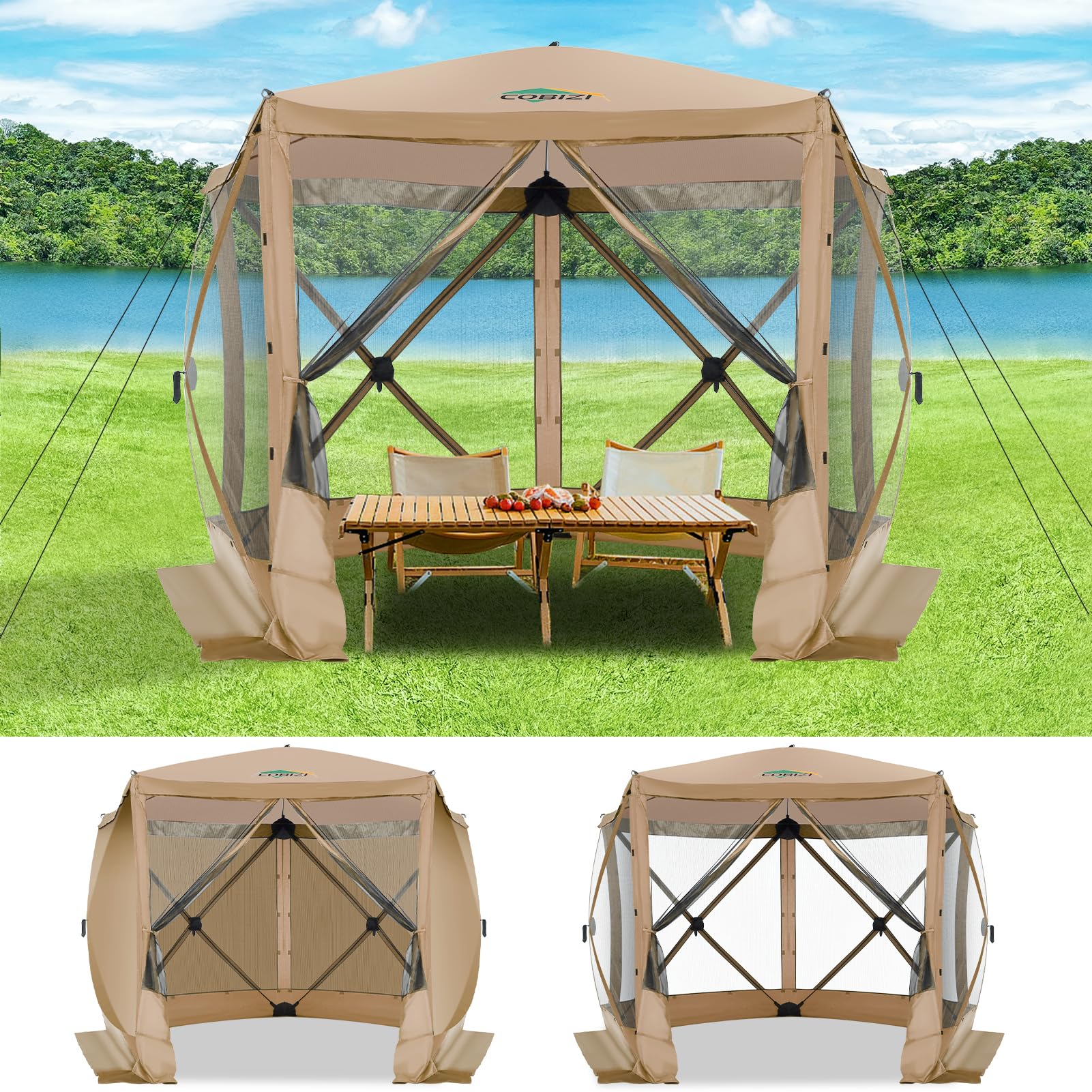 COBIZI 10x10 Pop up Gazebo Screen House Tent for Camping, Pop-up Camping Canopy with Sidewalls, Portable Outdoor Quick-Set Hub Tent with Carrying Bag&amp;Ground Stakes, Khaki(Upgraded 2.0)