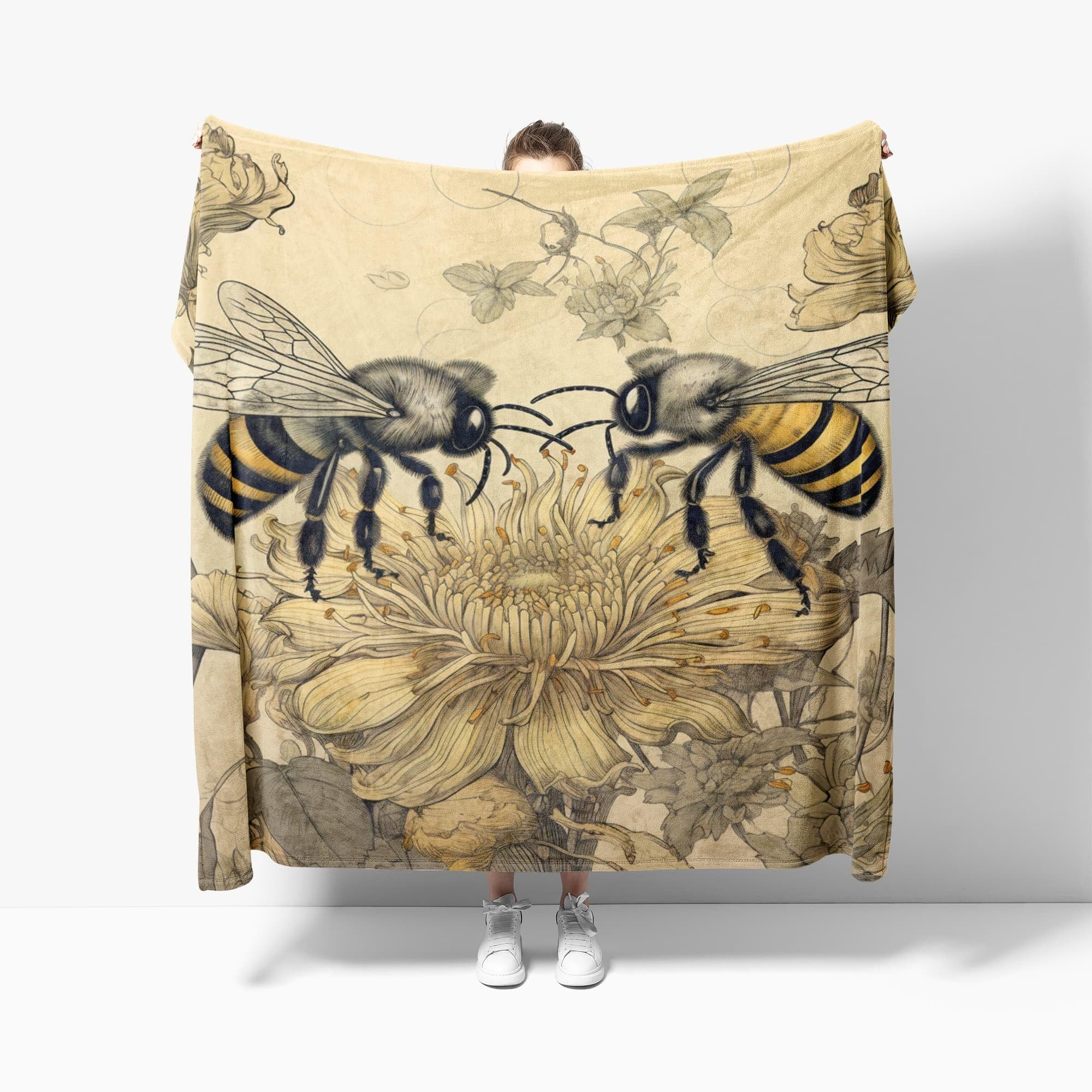 Generico Antystatyczny lekki wełniany koc XXL 180 x 220 cm Vintage kwiaty pszczół super miękki koc flanelowy jasnożółty na łóżko sofa biuro ochraniacz na kolana łóżko samochód kemping plaża