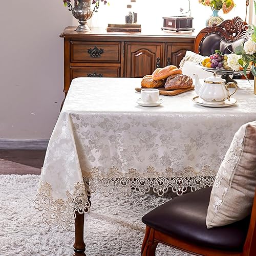 Artbloss Mantel rectangular, mantel jacquard con exquisito patrón de rosas y borde de encaje, manteles de granja para comedor, boda, café, fiesta,