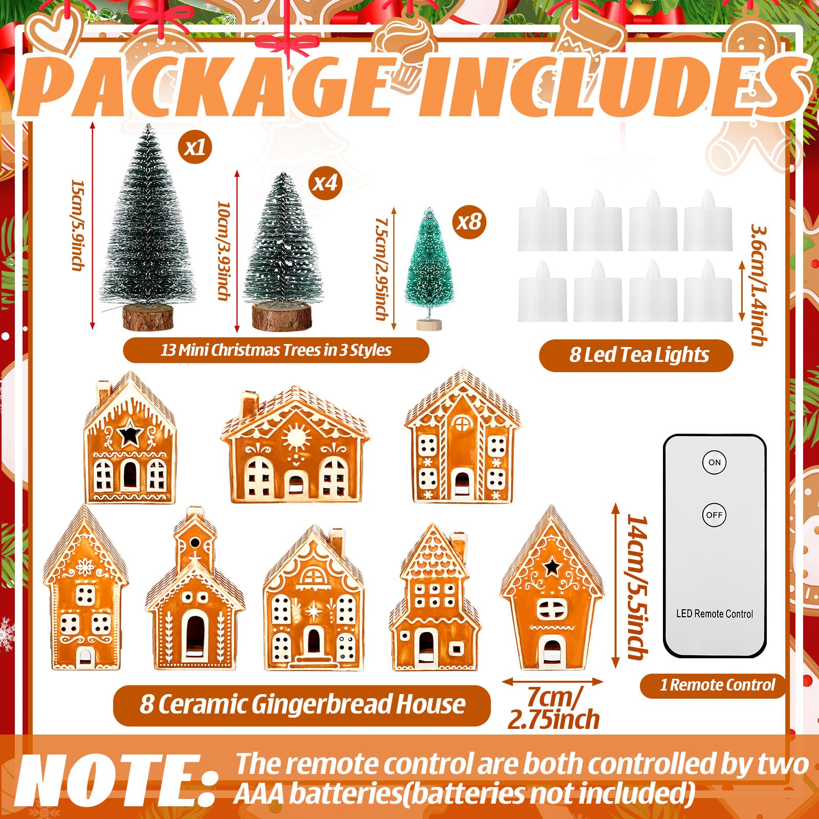 WILLBOND Lot de 29 pièces de Village de Noël en Pain d'épices glacé - 8 Maisons de Village en Pain d'épices Lumineuses en céramique avec télécommande et 13 Arbres - Figurines de Noël pour décoration