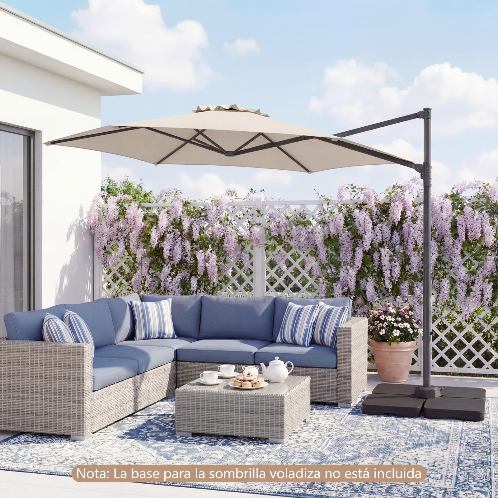 COSTWAY Sombrilla Terraza Exterior, Parasol Excentrico Jardín con Rotación de 360°, Varillas Metálicas y Base en Cruz, Parasol Colgante Exterior para Patio Terraza Piscina (300 cm,Beige)