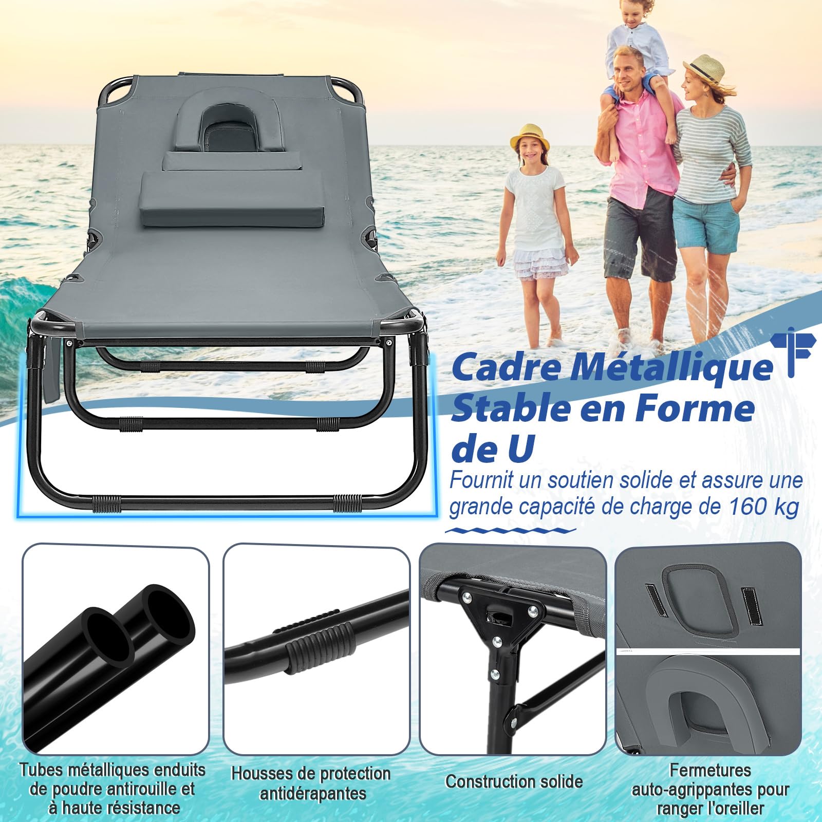 GOPLUS Chaise Longue Pliante Inclinable à 4 Positions Réglables, Transat Jardin Extérieur avec Oreiller Détachable, Lit de Camping, pour Terrasse/Plage 189X59X40CM (1, Gris, 73x63x16CM)