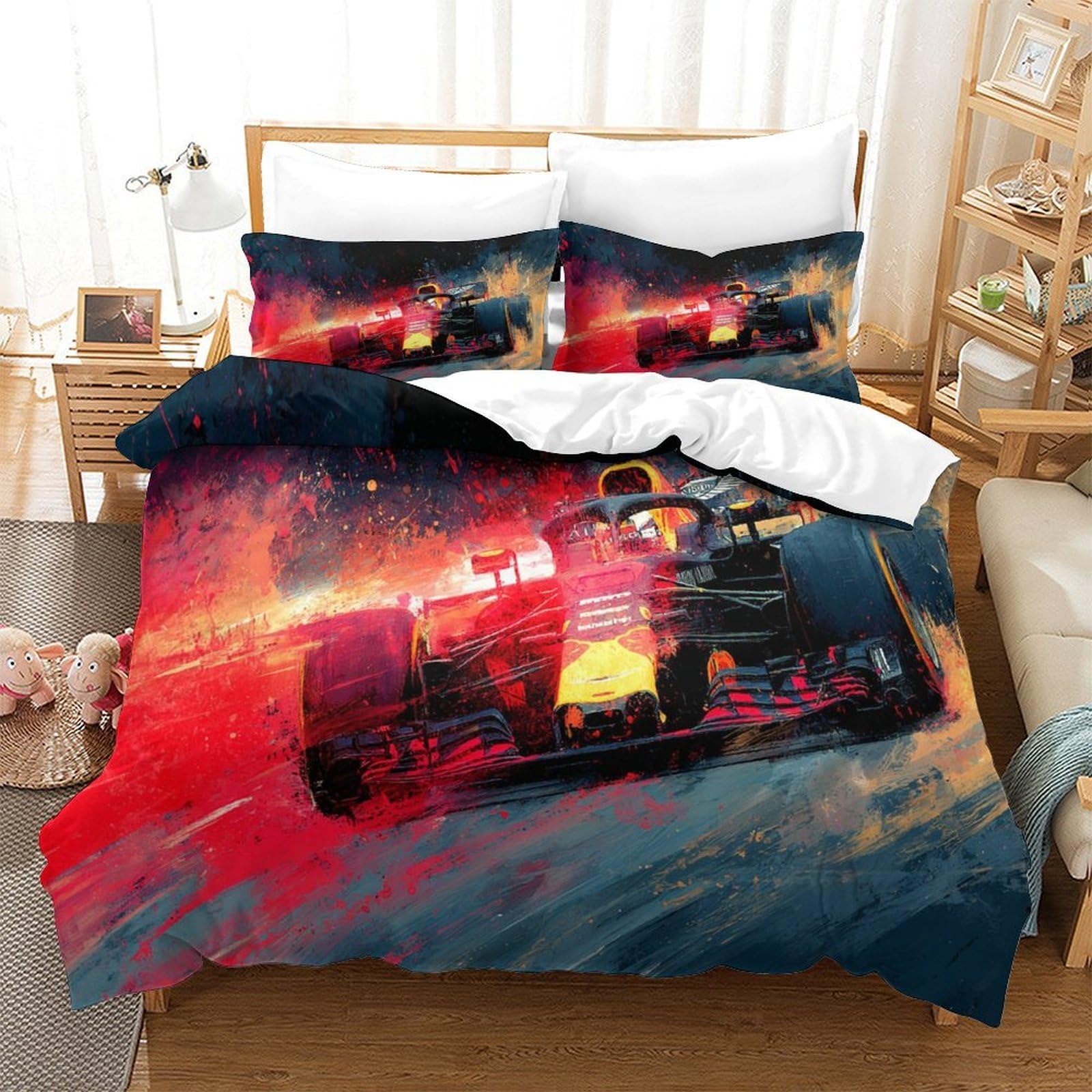 QDZHCPMYK F1 Formula Racing Poster Duvet Cover Sets 3 PCS Hotel Quality Quilt Cover Bedding Bed Covers with Pillowcases with Zipper Closure Breathable Stylish Comforter Single（140x200cm）