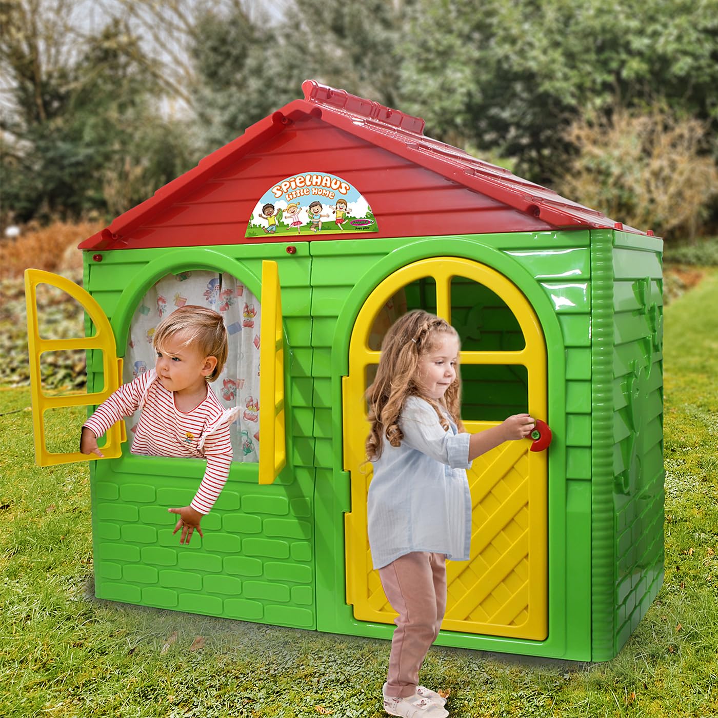 JAMARA 460500 Little Home - Casetta giocattolo in plastica robusta, montaggio stabile, facile da pulire, adatta per interni ed esterni, porte e finestre apribili, tende, verde