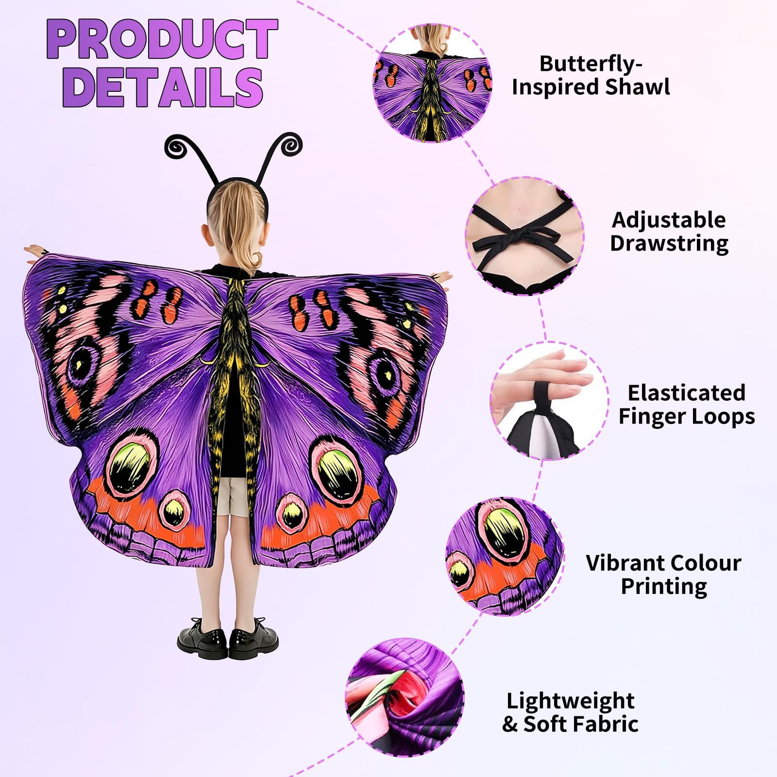 Disfraz Mariposa Niña, Alas Mariposa Disfraz con Máscara y Diadema, Suave y Transpirable, Capa de Alas para Navidad Carnaval Fiesta Pascua Cosplay - 5