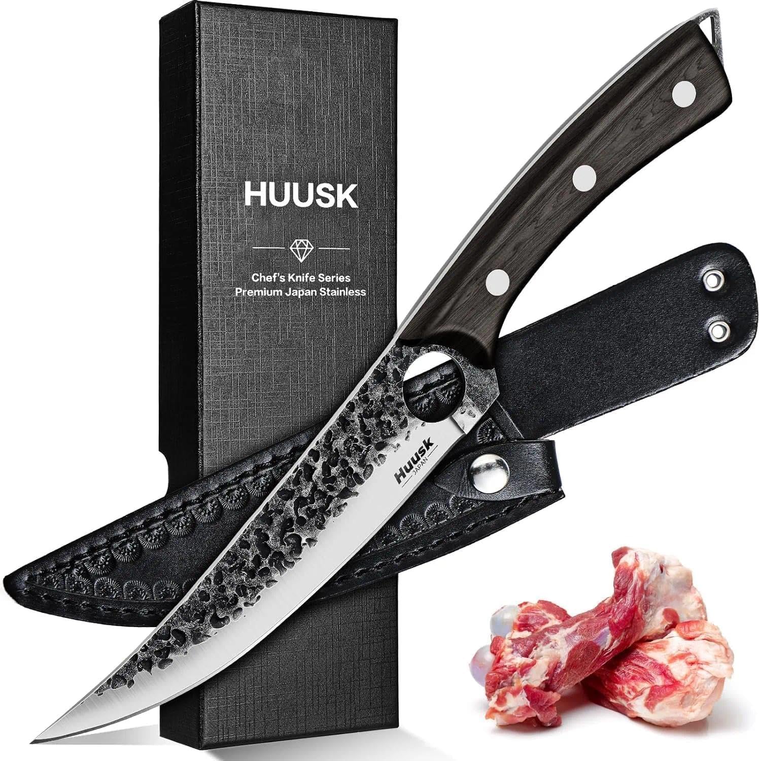 Huusk Viking Boning Knife 6 inch, Japanese Boning Knives for Meat Cutting, Full Tang Fillet Knife with Sheath, Brisket Trimming Knives for BBQ, Camping, Christmas Gift for Men and Women
