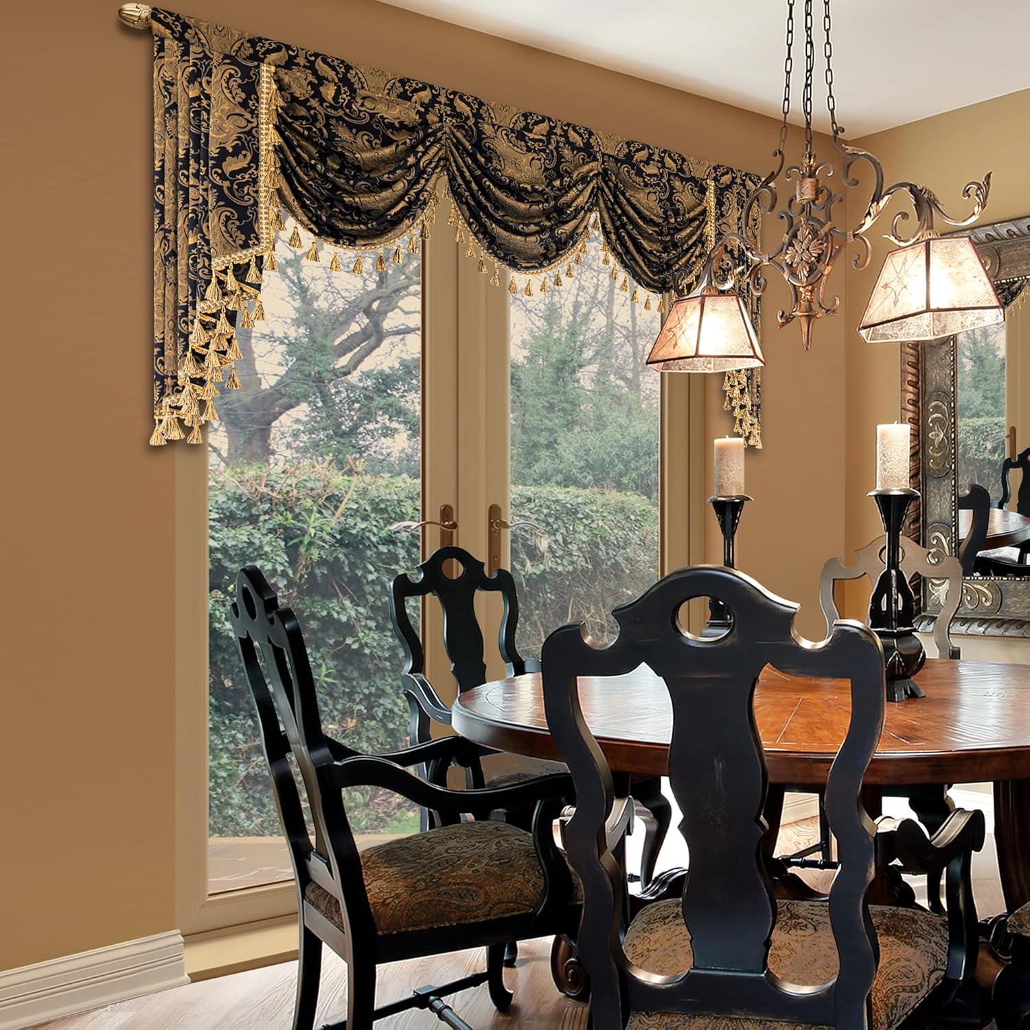 Loom and Mill Luxury Waterfall Valance for Living Room, Classic Damask Jacquard Swag Valances with Tassels, Balck Swag Curtains for Bedroom Windows Banquet Halloween Decor, Rod Pocket(W79Inch,1 Panel)