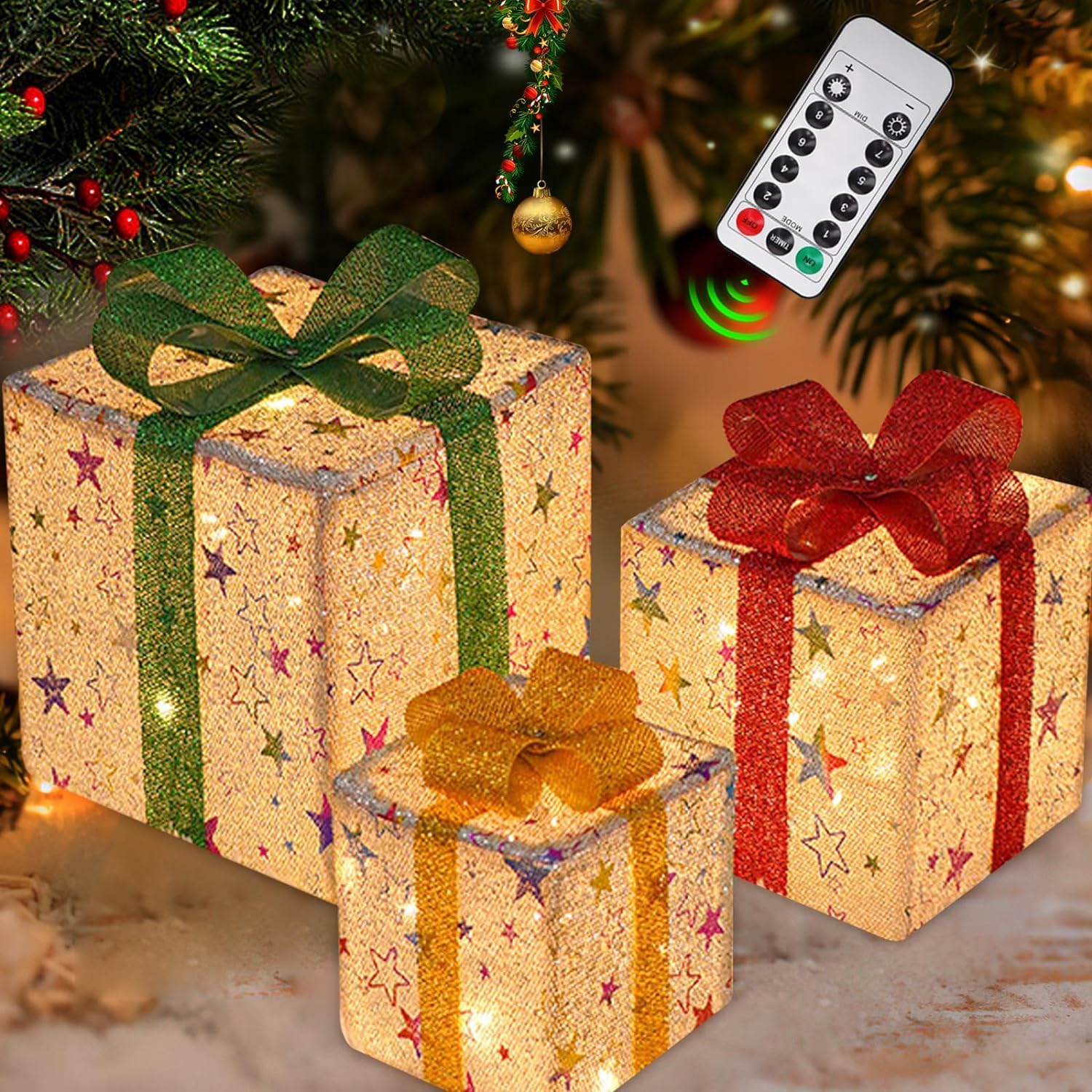 VUCATIN 3PCS Foldable Christmas Lighted Gift Boxes with Remote Control, Elk-Patterned Rectangular Plastic Storage Boxes, Silver, Christmas Decorations