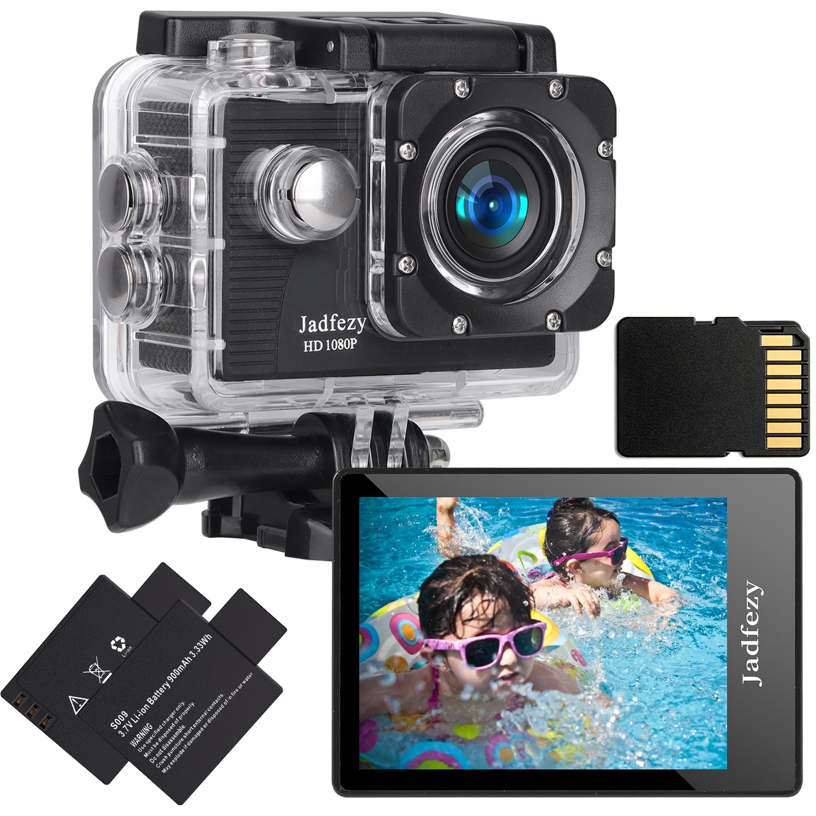 Action Cam 1080P mit Speicherkarte Wasserdicht bis 30m Unterwasserkamera | 140 Grad Weitwinkel Action Kamera mit Zwei 900 mAh Wiederaufladbare Akkus und Zubehör-Set Underwater Camera