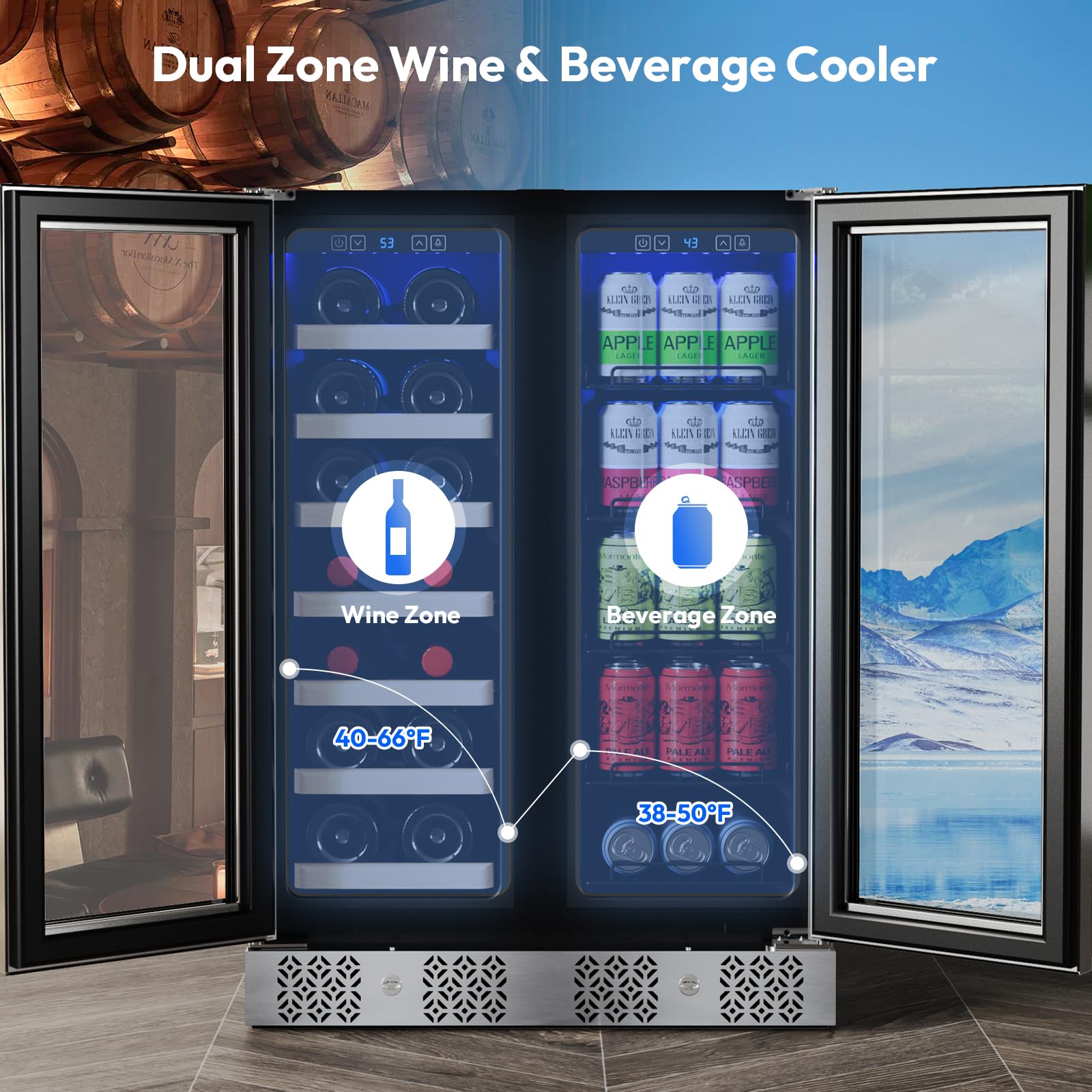 Empava 24" Dual Zone Wine and Beverage Refrigerator Cooler, Freestanding or Under Counter Fridge Chiller with LED Light, 78 Cans and 20 Bottles Capacity, Touch Control, Stainless Steel on Fridge.com