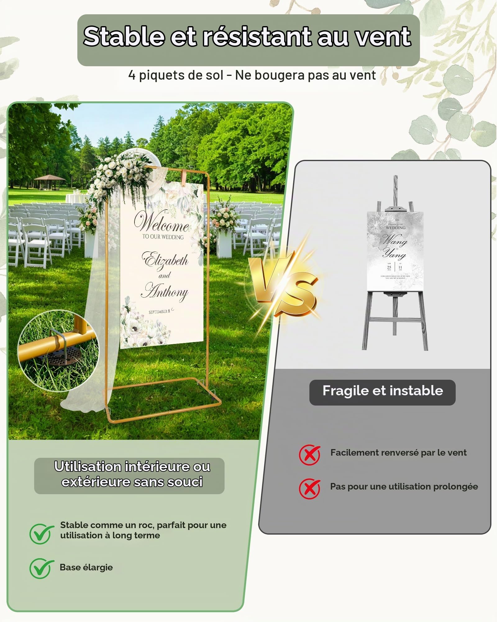 Support Pour Pancarte Bienvenue Mariage 175cm 3 Hauteurs Réglables Support Décoratif Pour éVénement il est Livré Avec 2 Lanières Cuir et 2 Clips Pour la Décoration les Affiches et les Fêtes (Doré)