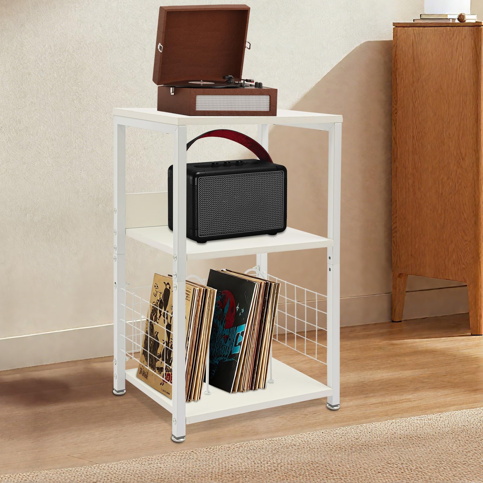 Mobile Vinile Stoccaggio a 3 livelli Ripiano Giradischi carico 45kg Struttura Ferro MDF Stabile Separatori Porta dischi Rimovibili Tavolo di Supplemento per Soggiorno Camera Ufficio
